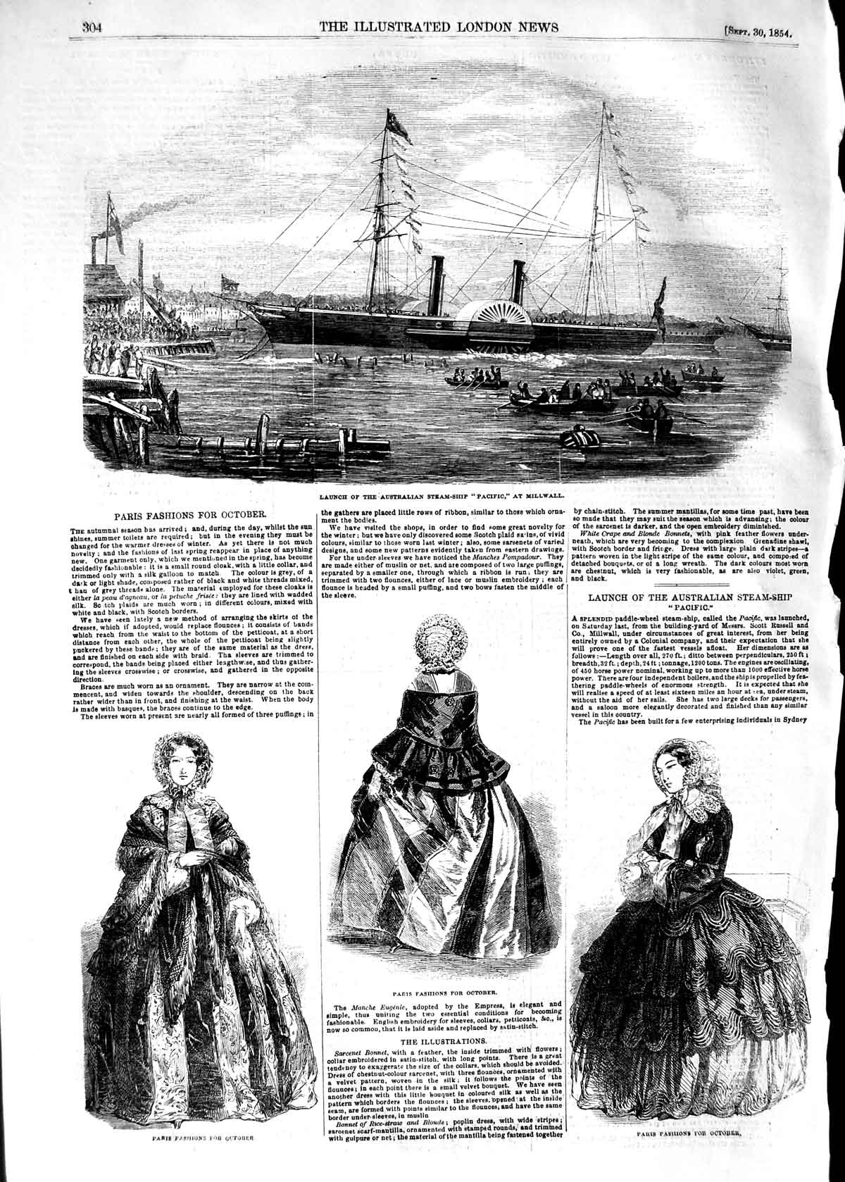 Original Old Antique Print 1854 Australian Ship Pacific Millwall Paris Fashion