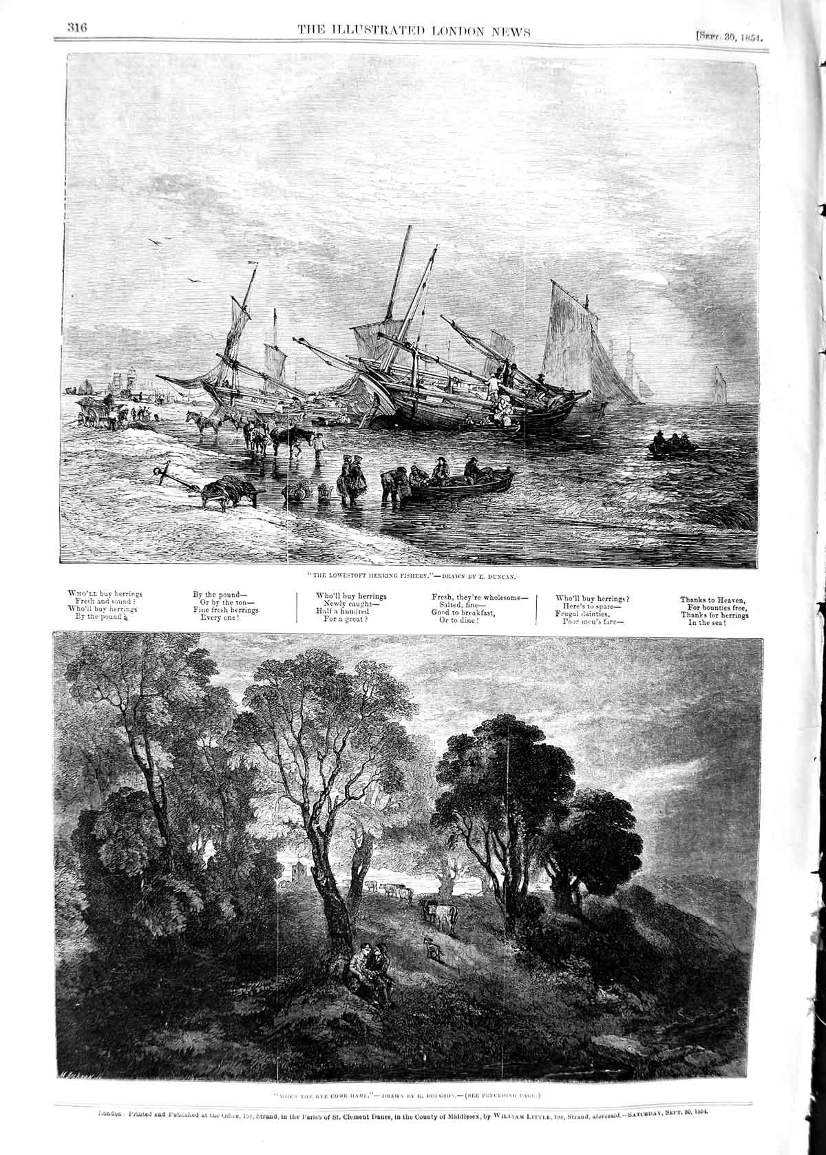 Original Old Antique Print 1854 Lowestoft Herring Fishery Country Trees Romance