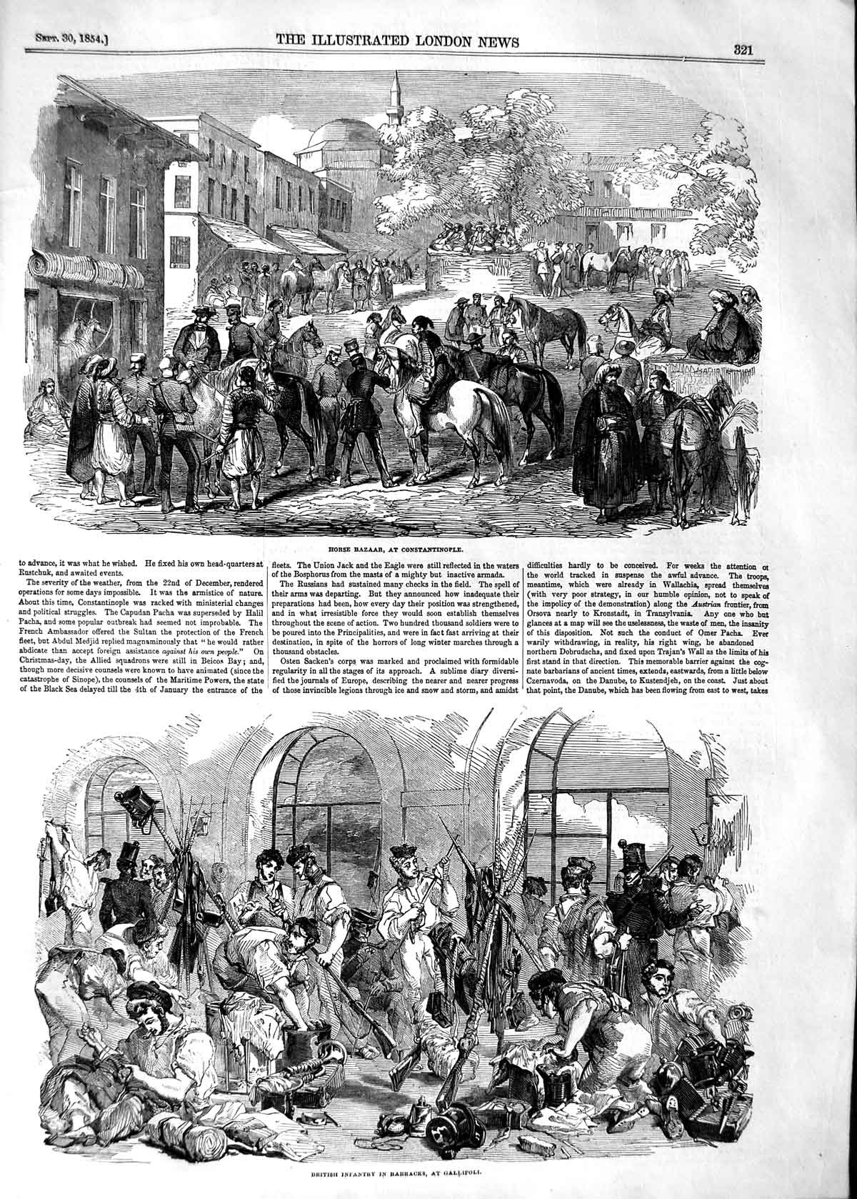 Original Old Antique Print 1854 Horse Bazaar Constantinople British Army Ga 19th