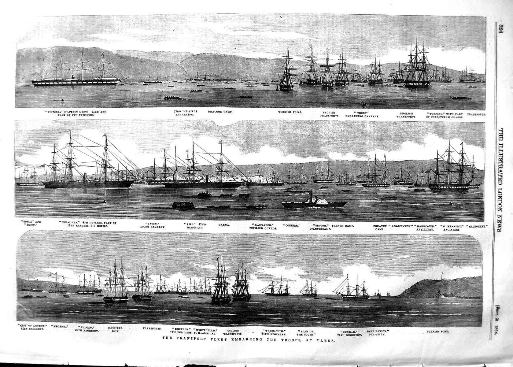 Old Antique Print 1854 Transport Ships Varna War Dragoon Camp Tynemouth 19th
