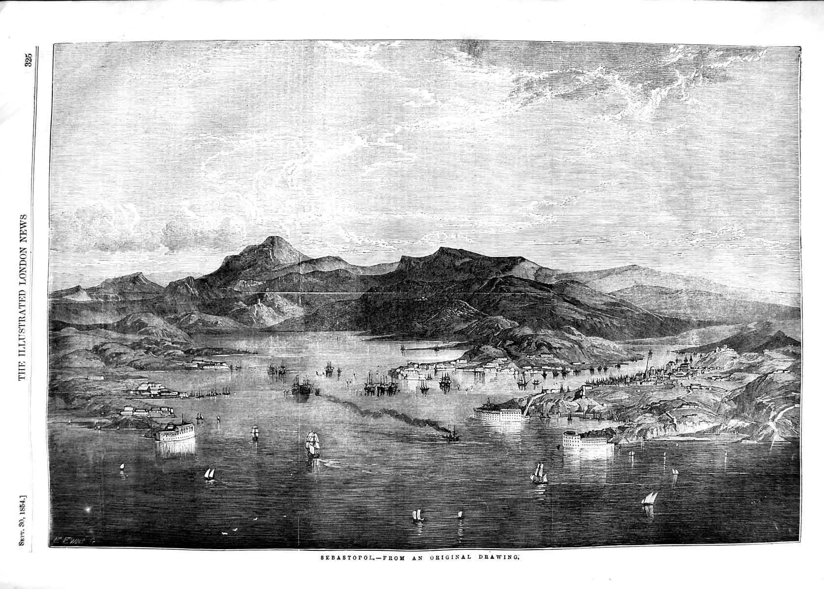 Original Old Antique Print 1854 View Sebastopol War Ships Mountains F Victorian