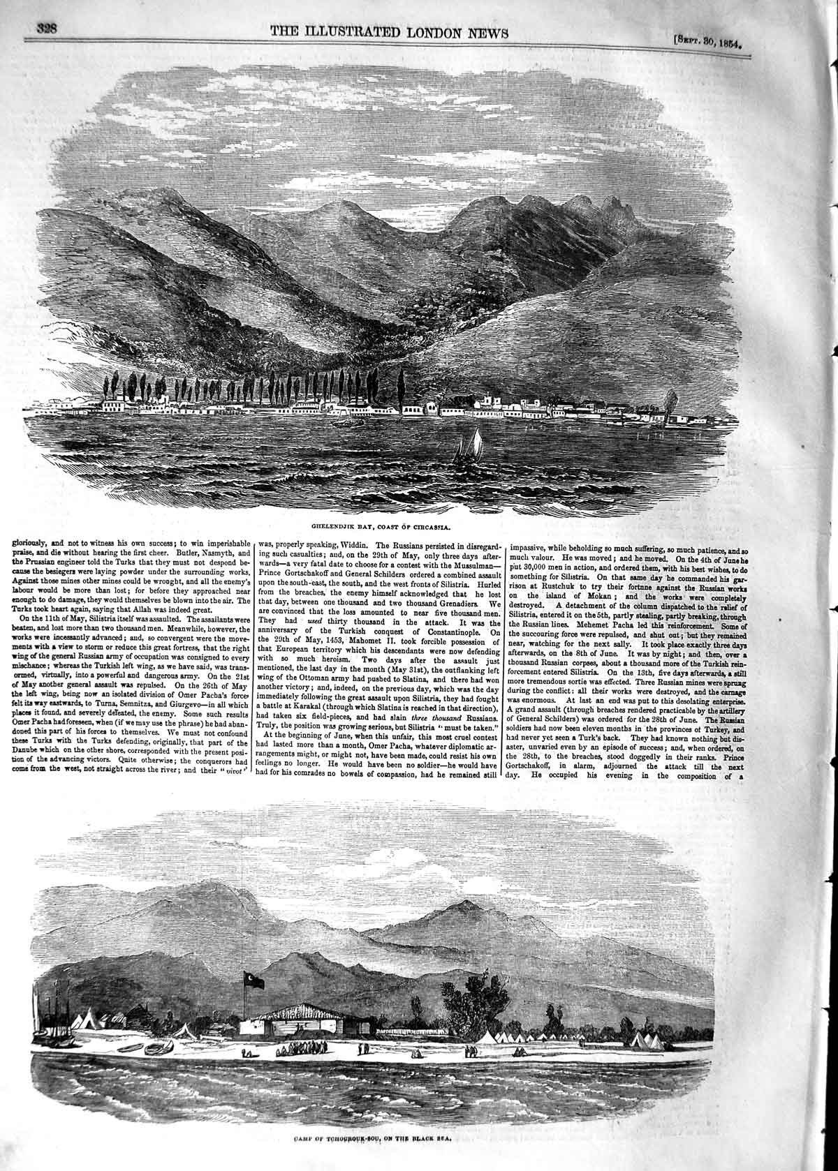 Old Antique Print 1854 Ghelendjik Bay Circassia Camp Tchourouk-Sou Black 19th