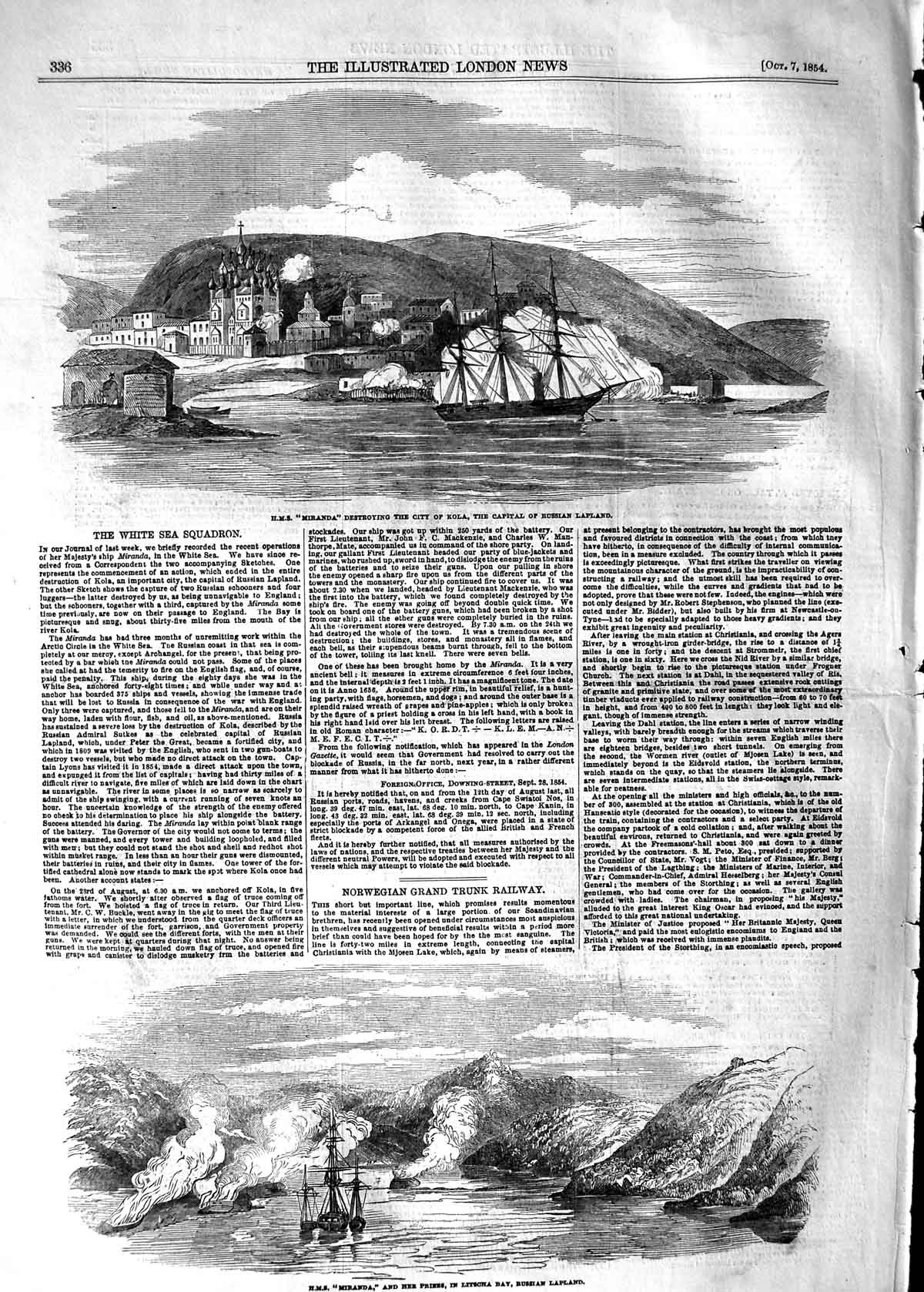 Original Old Antique Print 1854 Ship H.M.S Miranda Kola Russian Lapland 19th