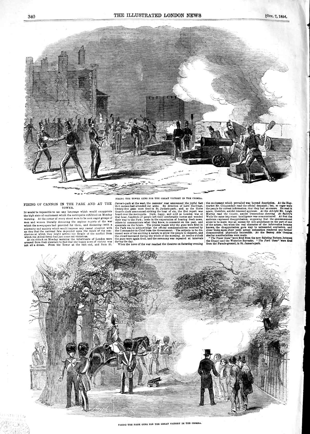 Original Old Antique Print 1854 Firing Park Tower Guns Victory Crimea Wa 19th