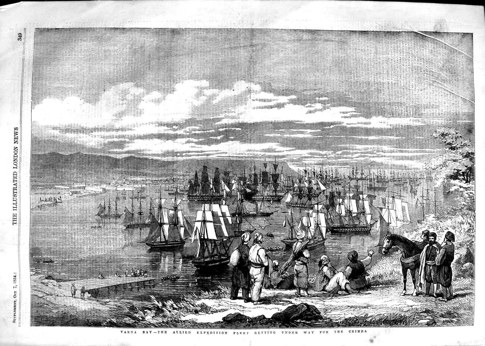 Original Old Antique Print 1854 Varna Bay Allied Expedition Ships Cri Victorian