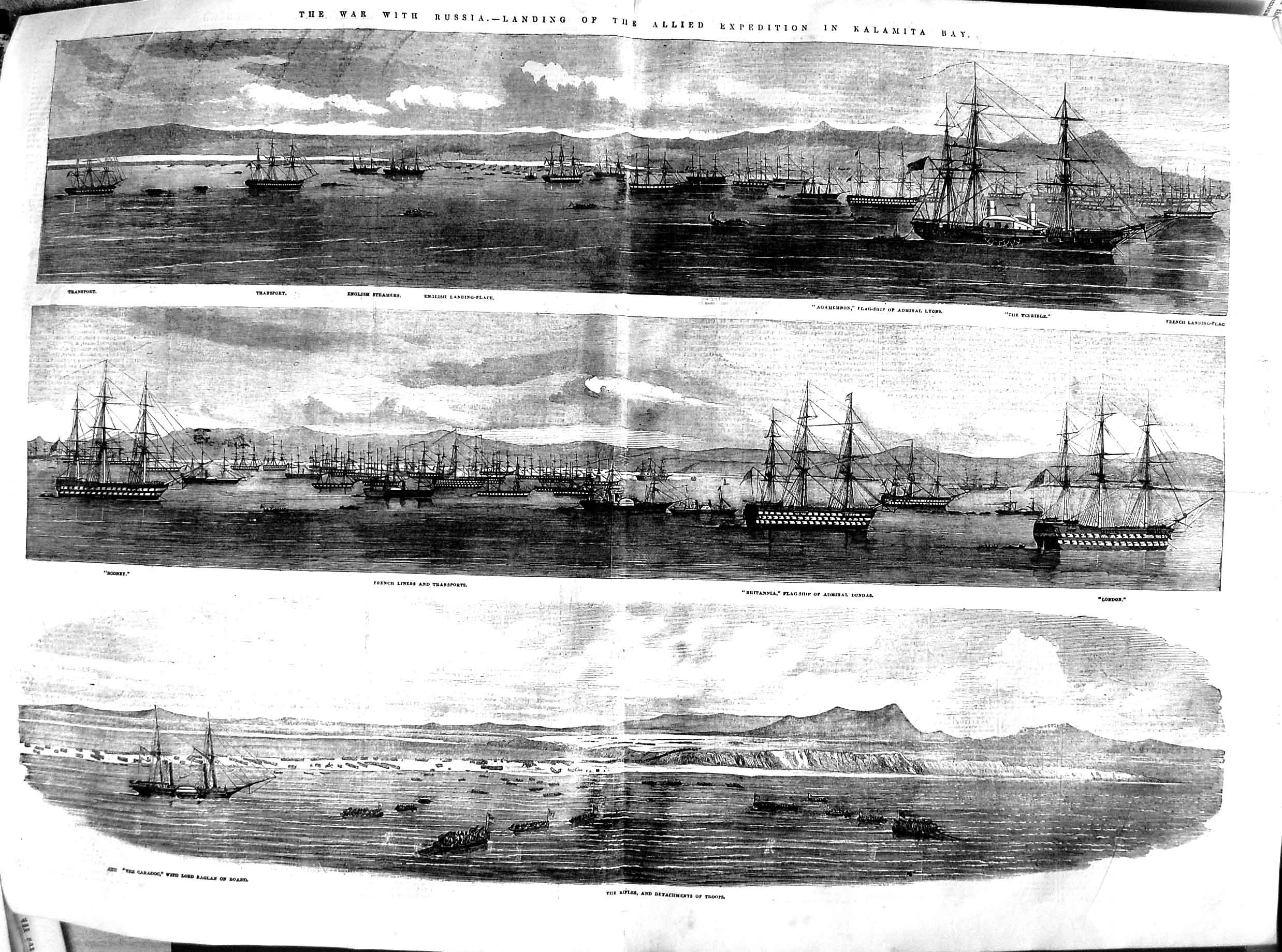 Antique Old Print 1854 War Russia Kalamita Ships Britannia Caradoc Rodney 19th