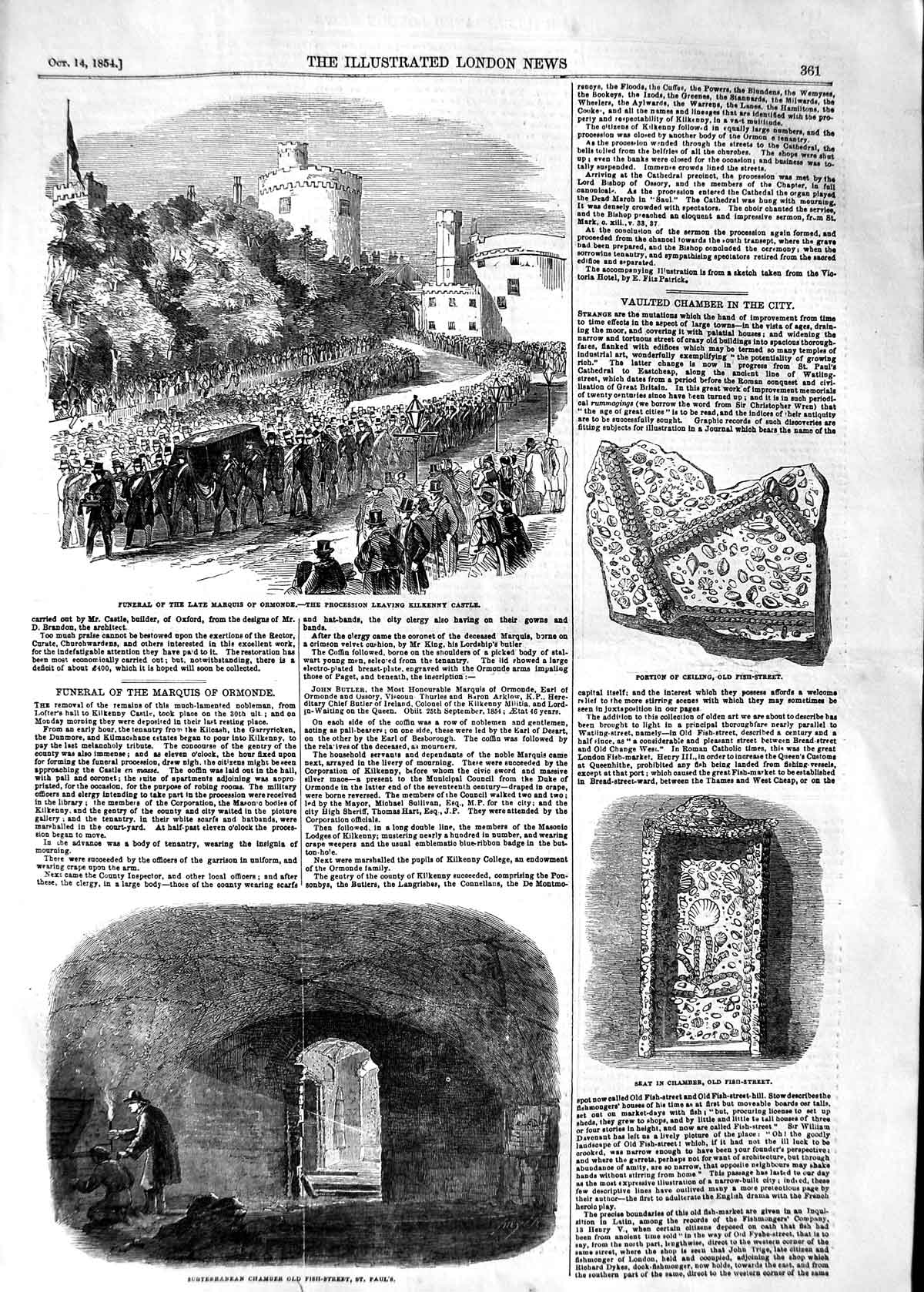 Original Old Antique Print 1854 Marquis Ormonde Kilkenny Castle Fish Victorian
