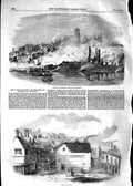 Original Old Antique Print 1854 Explosion Gateshead Newcastle River Boats Fire