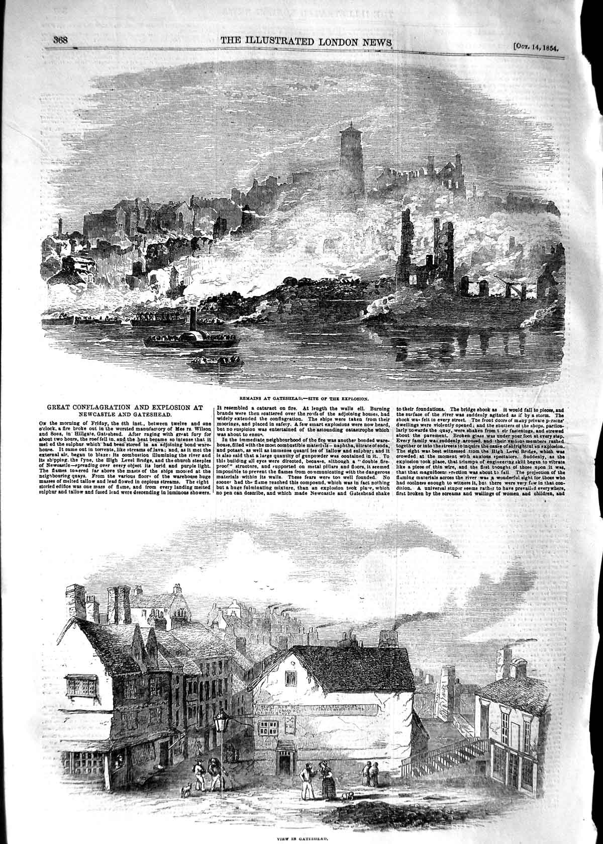 Original Old Antique Print 1854 Explosion Gateshead Newcastle River Boats Fire