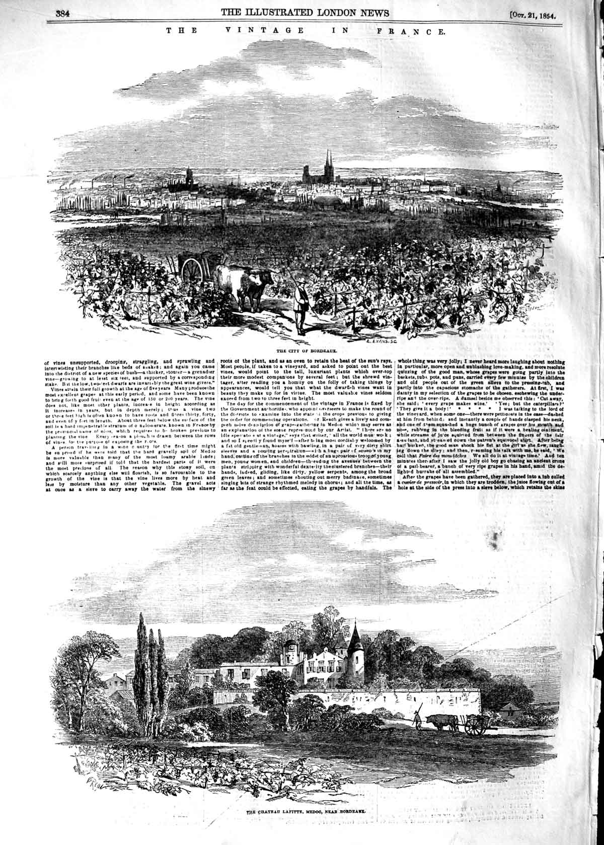 Original Old Antique Print 1854 Wine France Bordeaux Chateau Lafitt Victorian