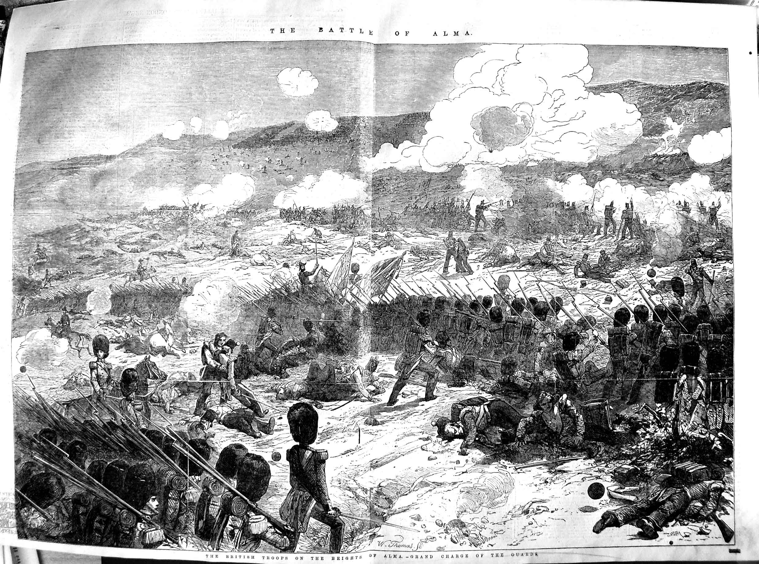 Original Old Antique Print 1854 Battle Alma War British Troops Charge Victorian