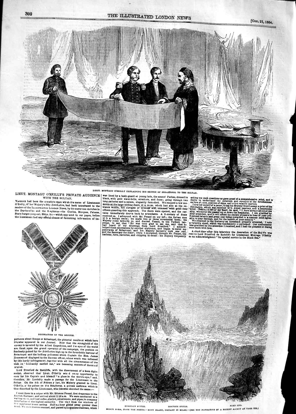 Old Antique Print 1854 Montagu O'Reilly Sebastopol Monte Rosa Mont Blanc 19th