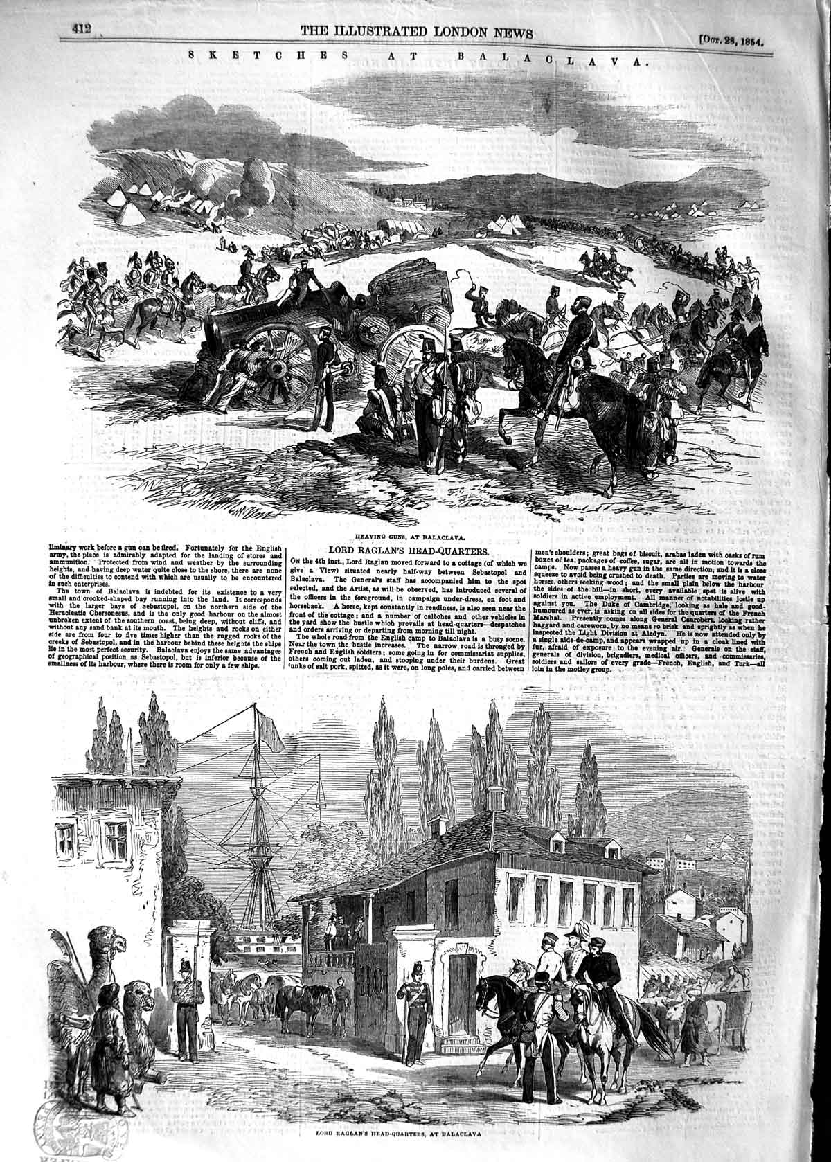Original Old Antique Print 1854 Balaclava War Lord Raglan Head-Quarter Victorian