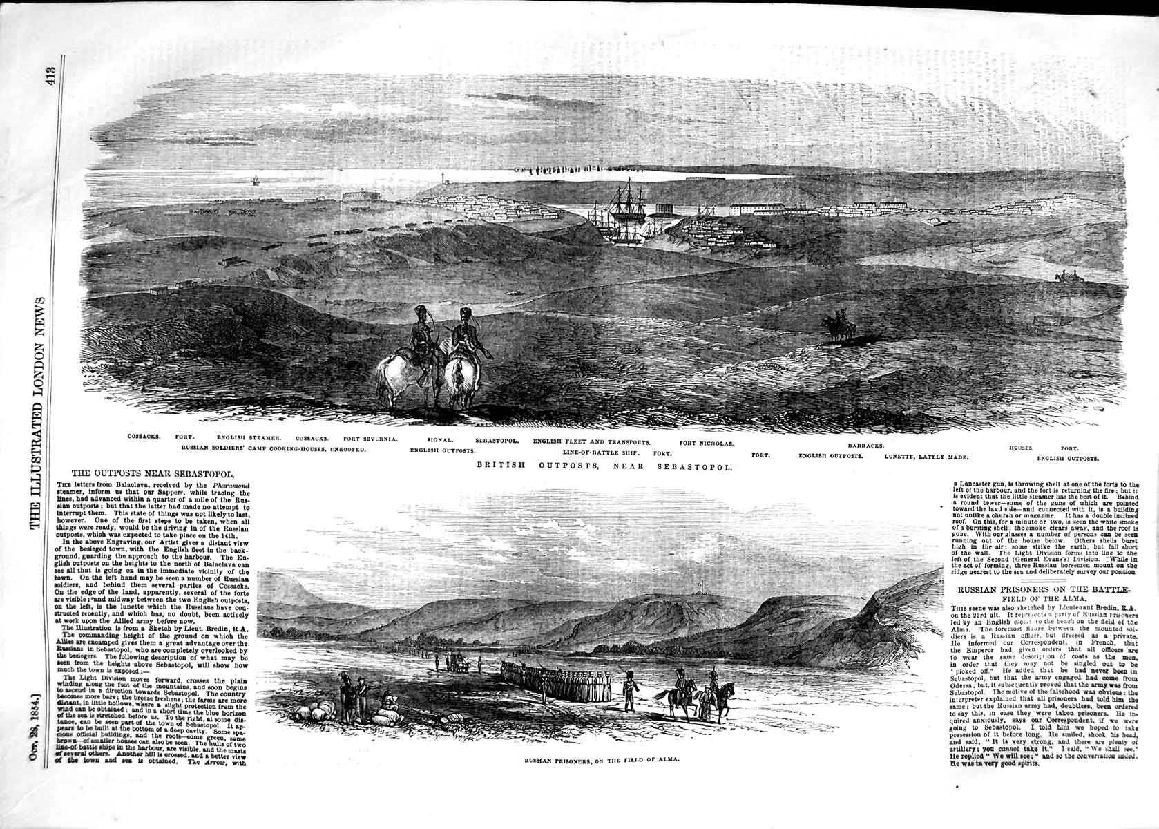 Old Antique Print 1854 British Outposts Sebastopol Russian Prisoners War 19th