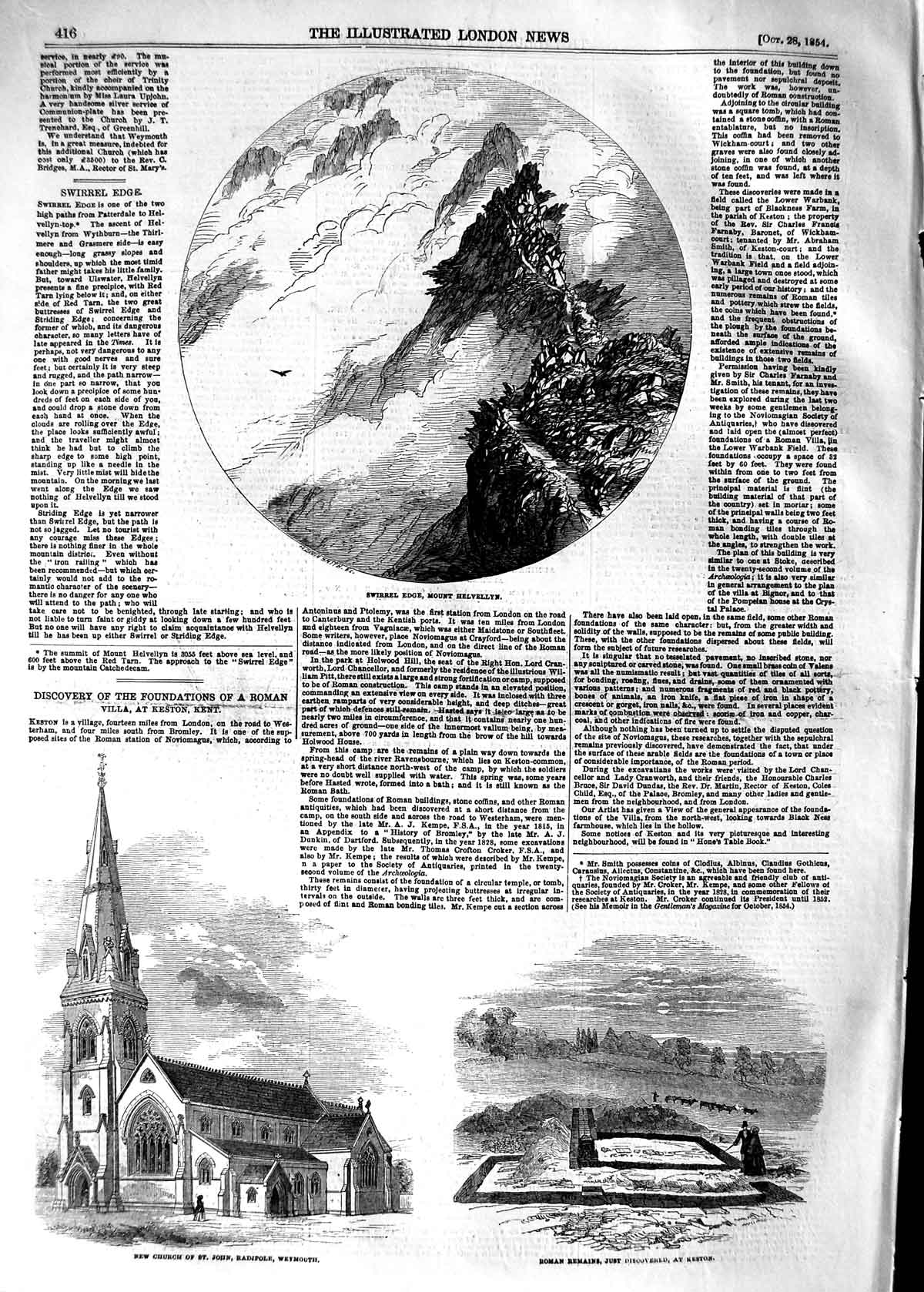 Old Antique Print 1854 Swirrel Edge Mount Helvellyn Church Wemouth Keston 19th