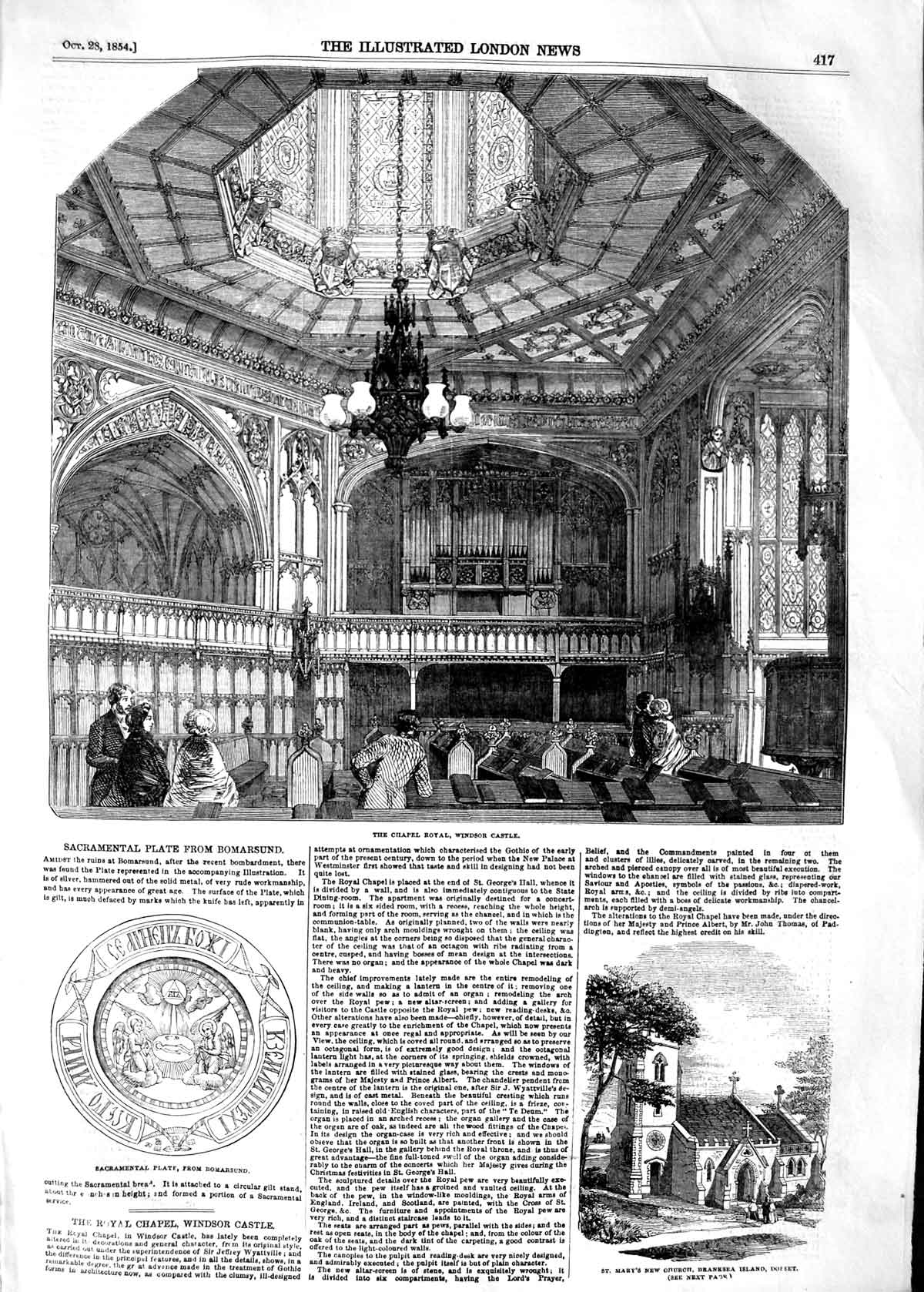 Old Antique Print 1854 Chapel Royal Windsor Castle Mary'S Church Branksea 19th
