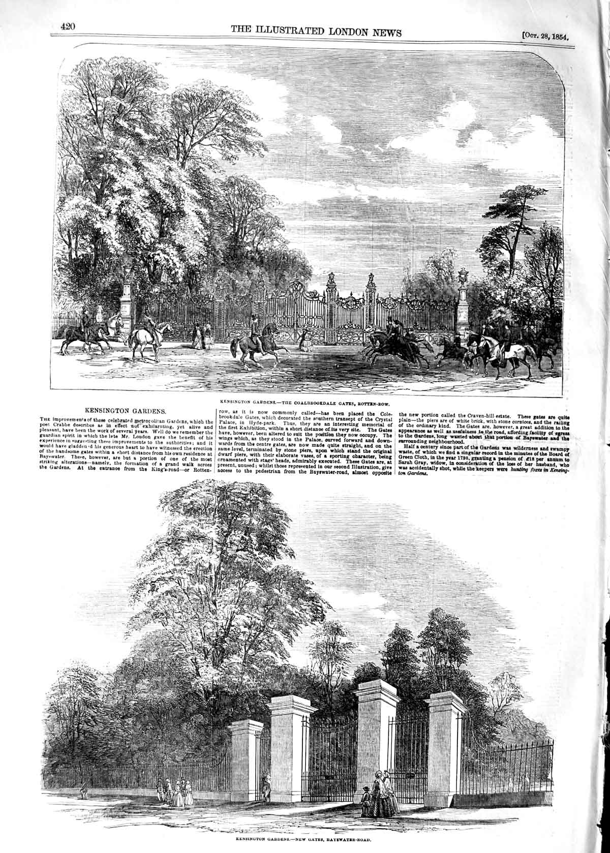 Original Old Antique Print 1854 Kensington Gardens Coalbrookdale Bayswater 19th