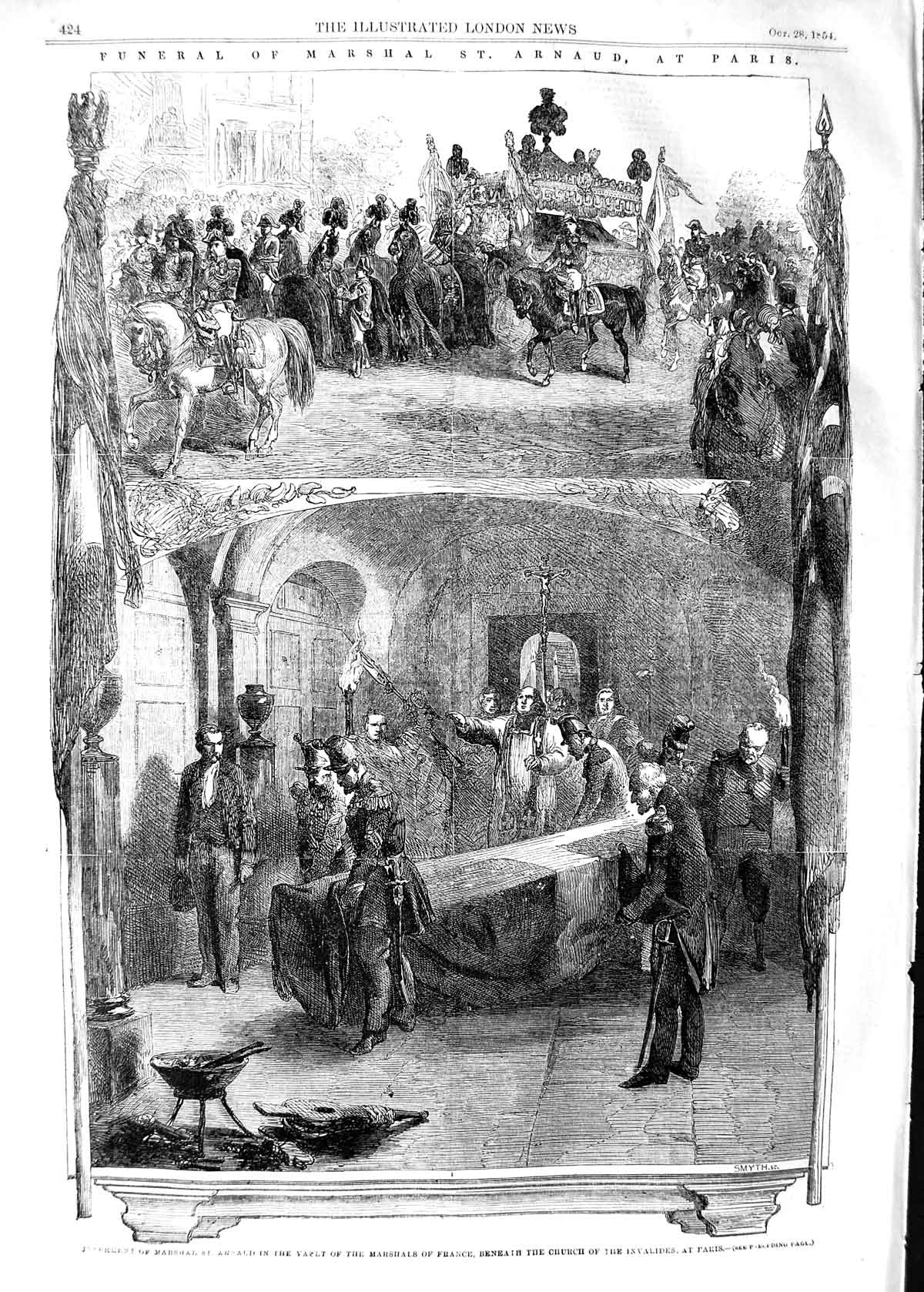 Original Old Antique Print 1854 Funeral Marshal Arnaud Paris Church Invalides