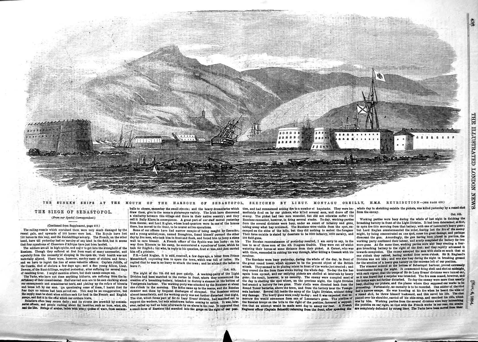 Old Antique Print 1854 Sunken Ships Mouth Harbour Sebastopol O'Reilly War 19th