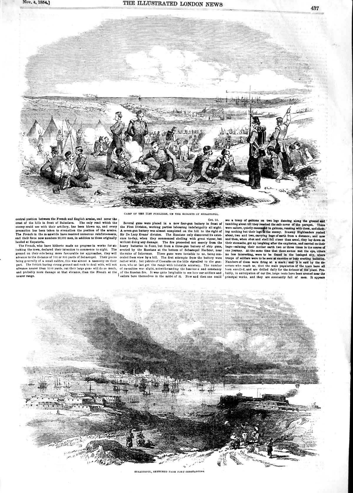 Original Old Antique Print 1854 Camp Fusiliers Sebastopol War Fort Constantine