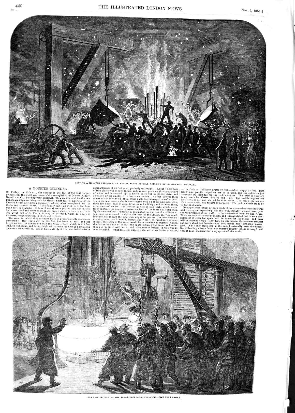 Old Antique Print 1854 Cylinder Scott Russell Millwall Woolwich Dockyard 19th