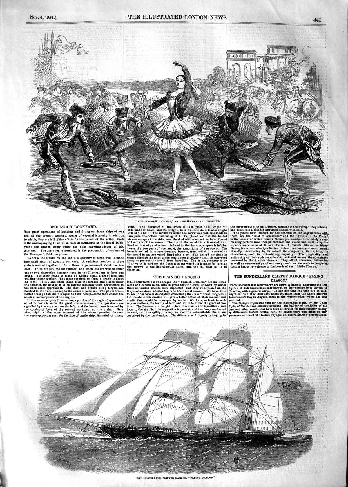 Original Old Antique Print 1854 Dancers Haymarket Theatre Ship Flying Dragon