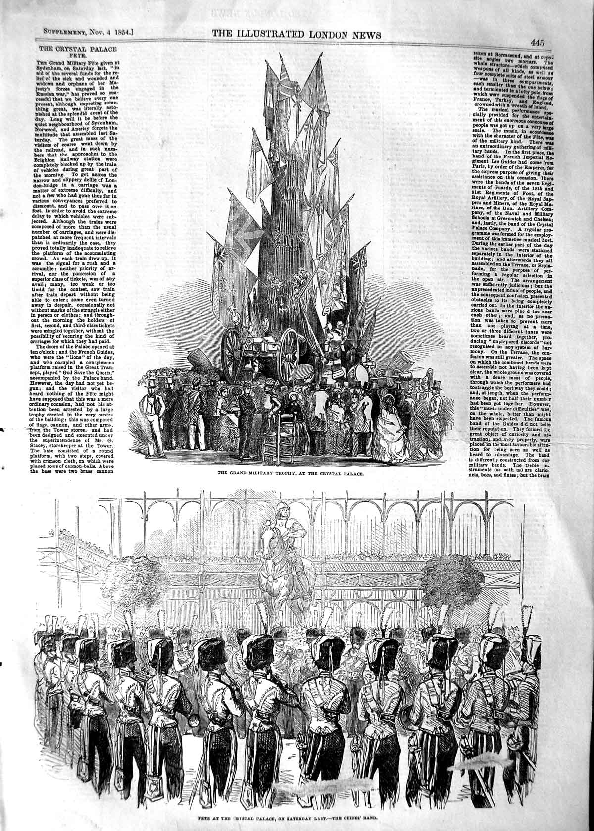 Original Old Antique Print 1854 Military Trophy Crystal Palace Fete Guides Band
