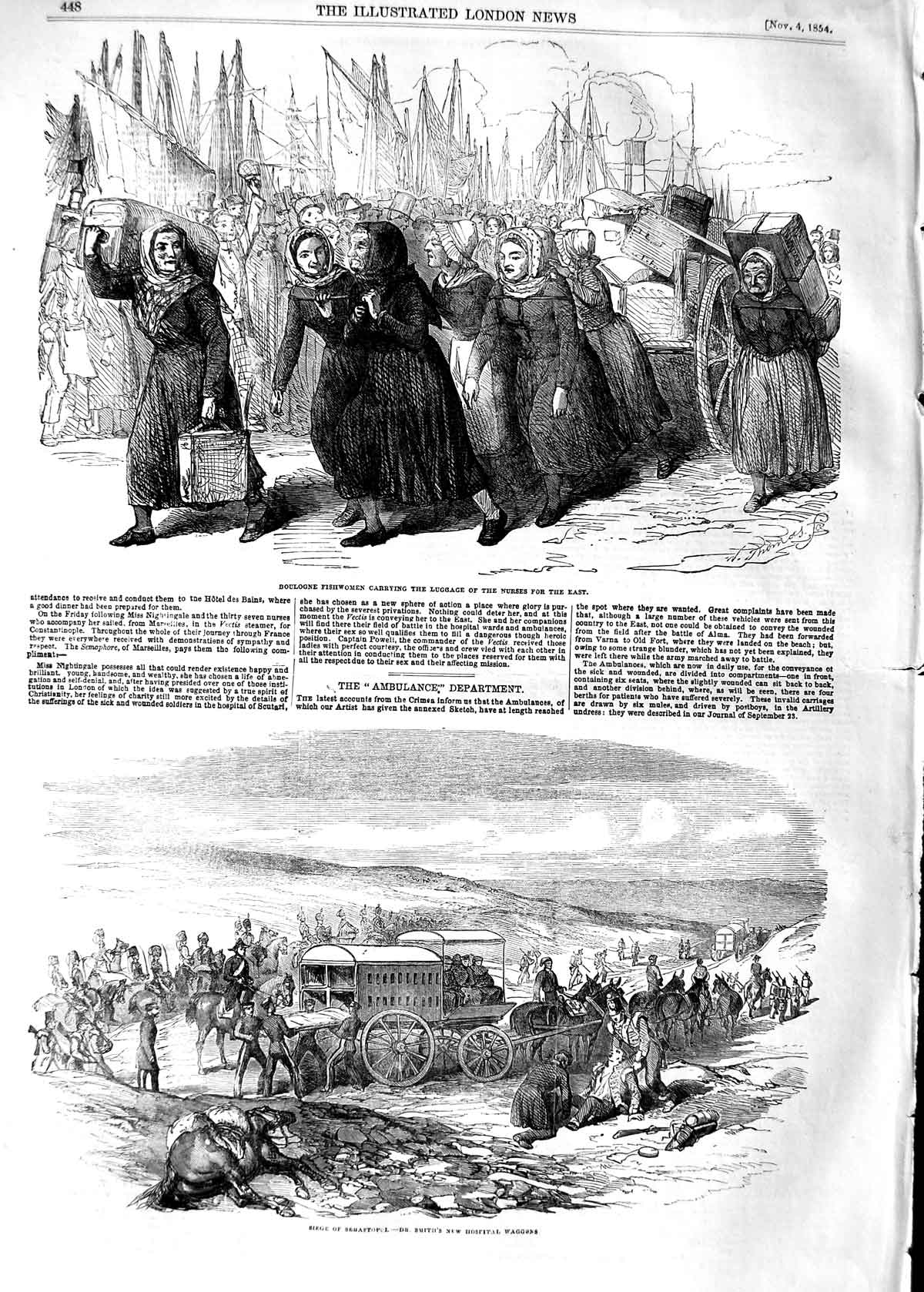 Original Old Antique Print 1854 Boulogne Fisherwomen Nurses Sebastopol Sm 19th