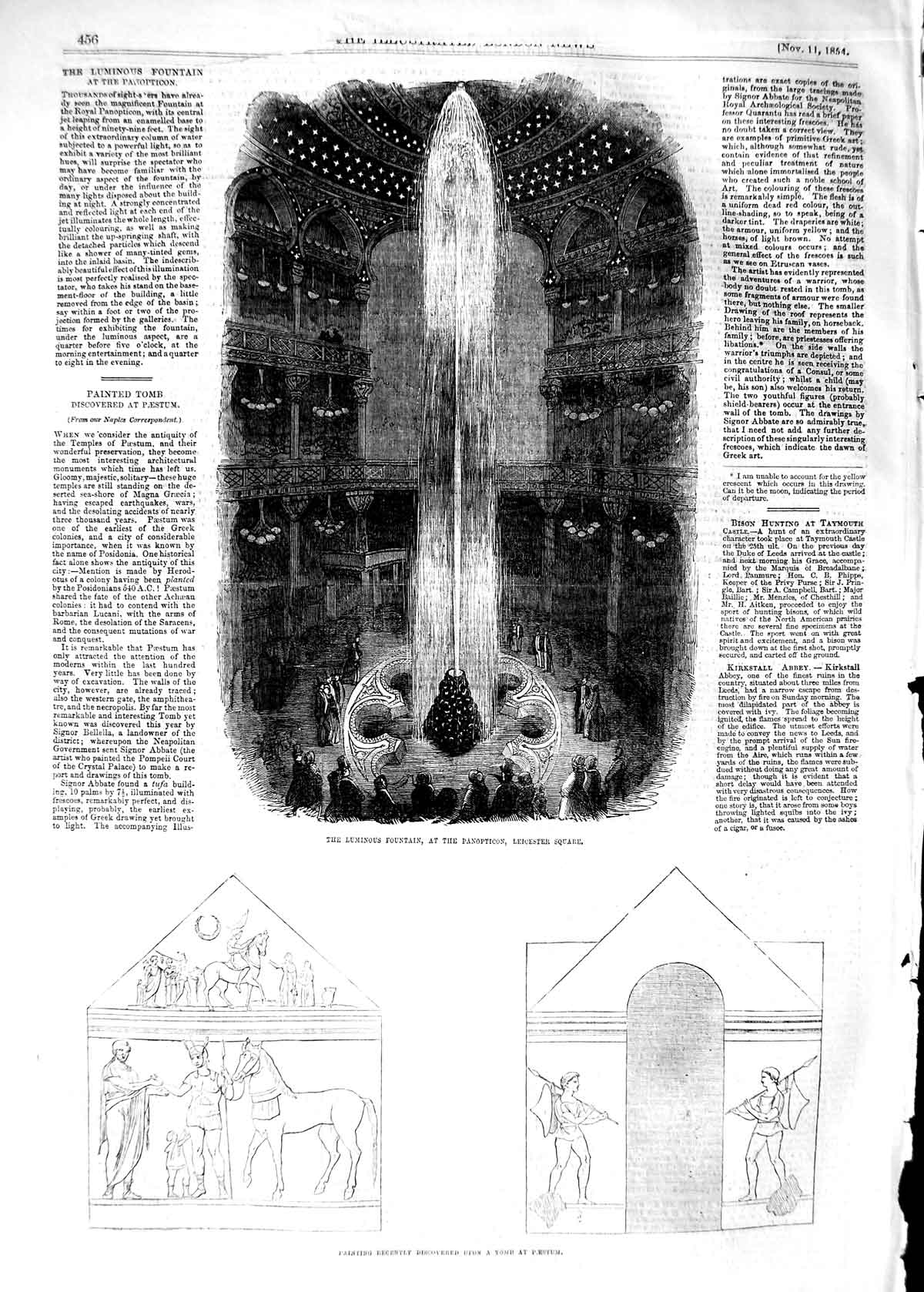 Original Old Antique Print 1854 Luminous Fountain Pantopticon Leicester Paestum
