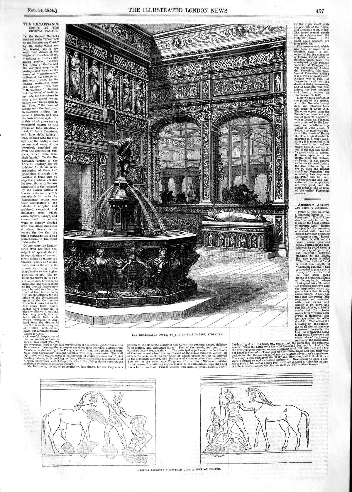 Old Antique Print 1854 Renaissance Court Crystal Palace Sydenham Paestum 19th