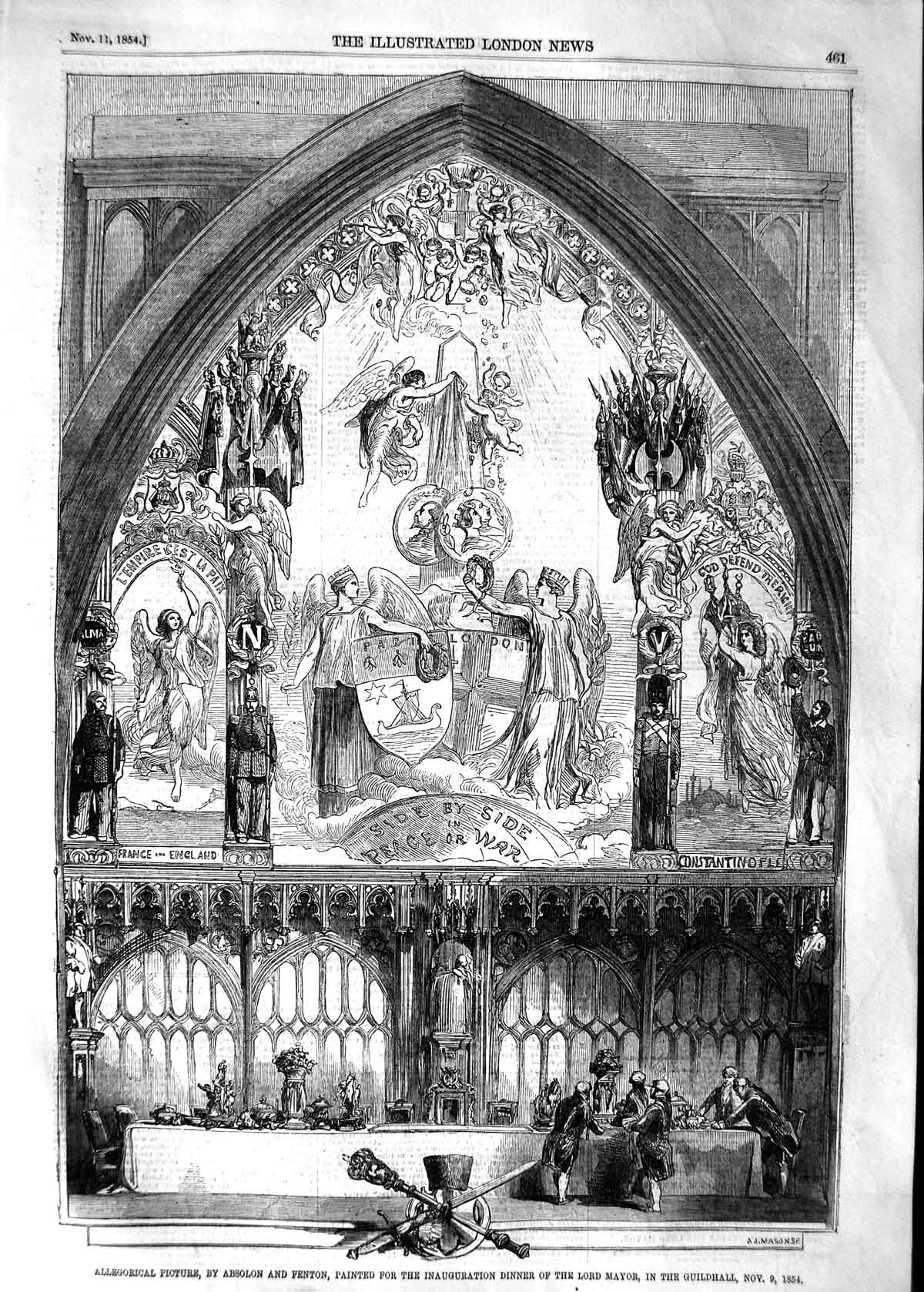 Original Old Antique Print 1854 Allegorical Picture Absolon Fenton Lord Mayor