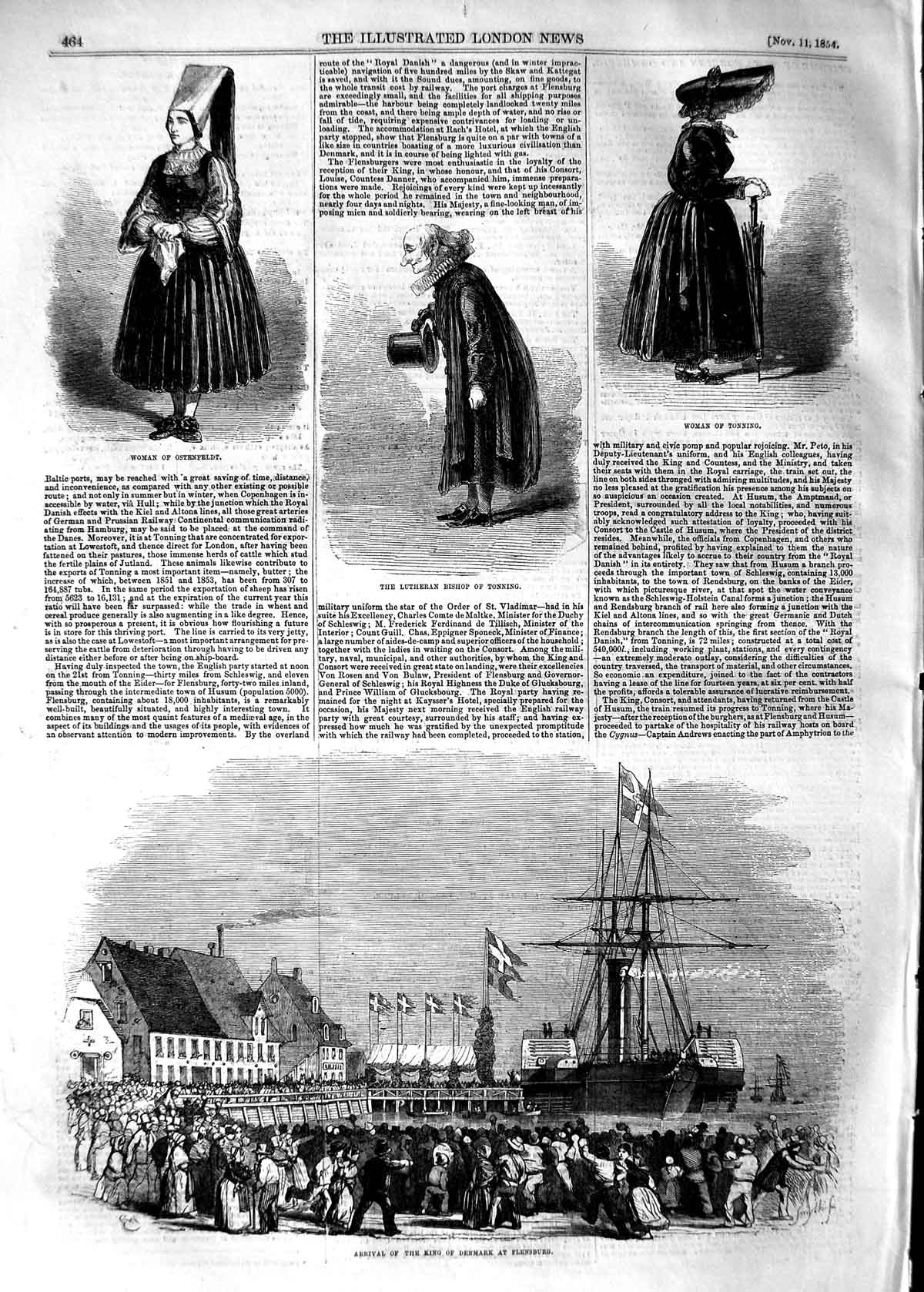 Original Old Antique Print 1854 Denmark Ship Flensburg Lutheran Bishop Tonning