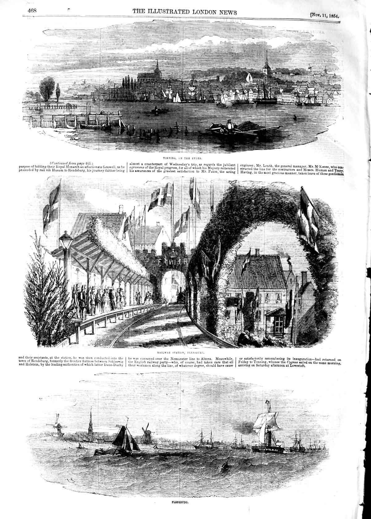 Original Old Antique Print 1854 Tonning Eyder Railway Station Flensburg Ships