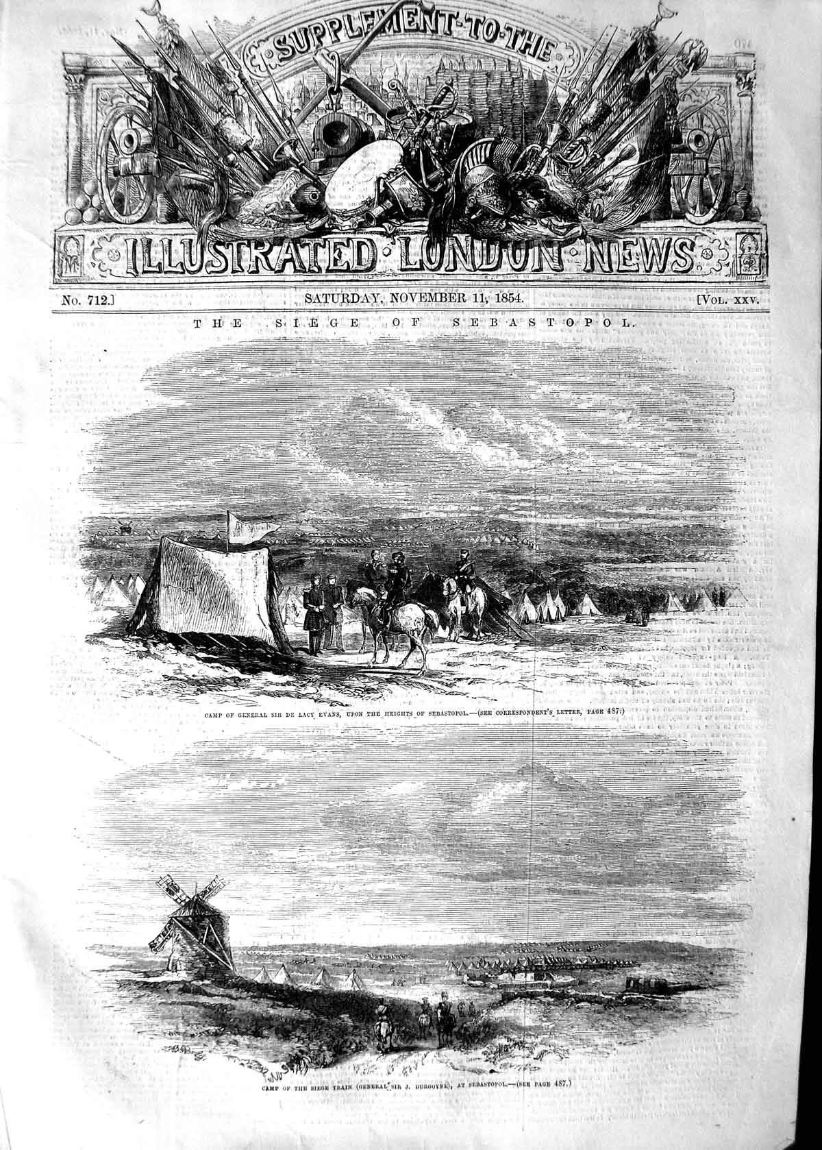 Original Old Antique Print 1854 Siege Sebastopol War Camp General Lacy Evans