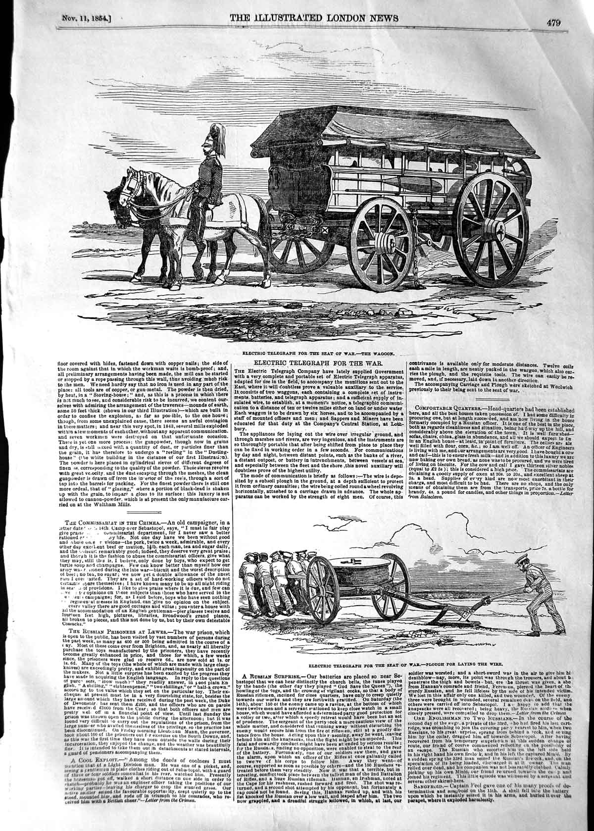 Original Old Antique Print 1854 Electric Telegraph War Waggon Plough Hospit 19th