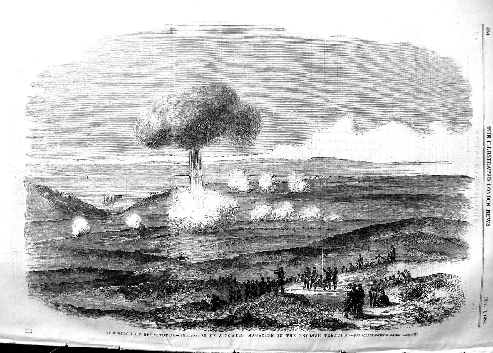 Original Old Antique Print 1854 Siege Sebastopol Explosion Powder Magazine War