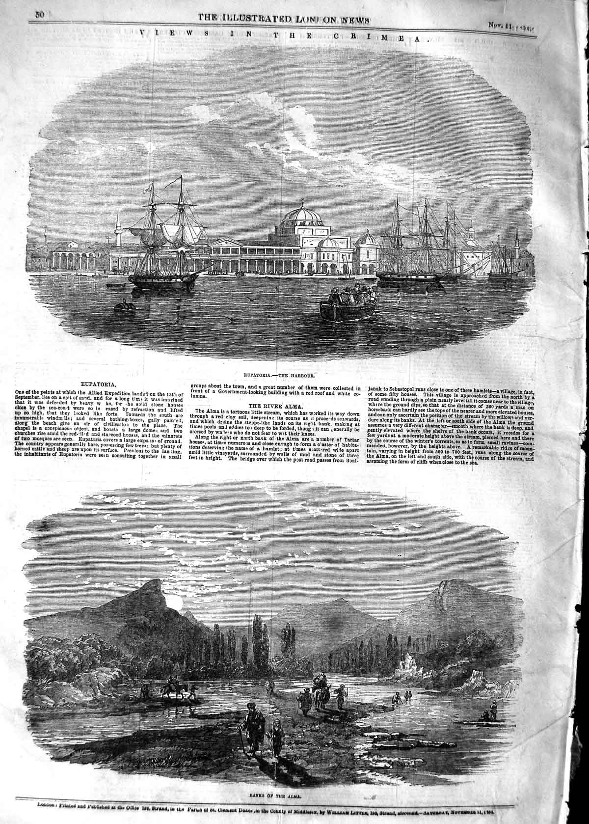 Original Old Antique Print 1854 Banks River Alma Eupatoria Ships Harbour Crimea