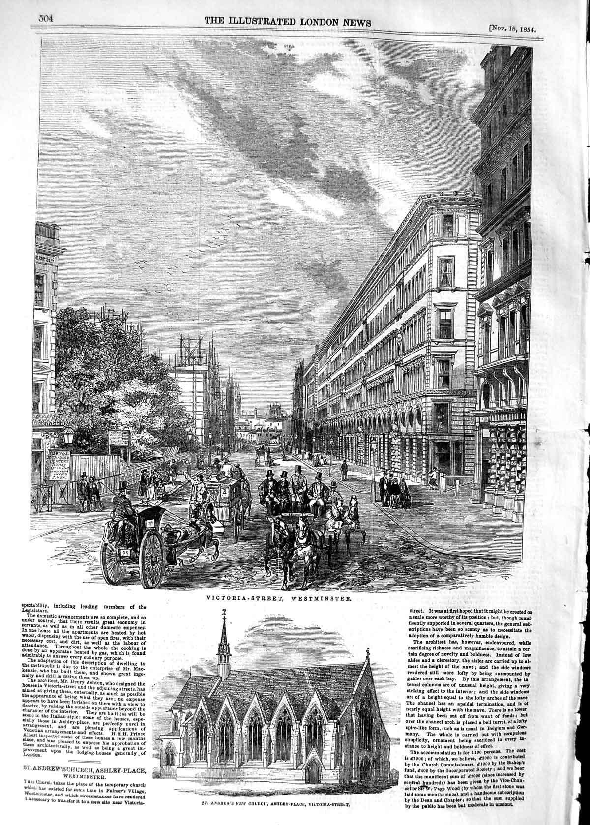 Original Old Antique Print 1854 Victoria Street Westminster Andrew'S Church 19th