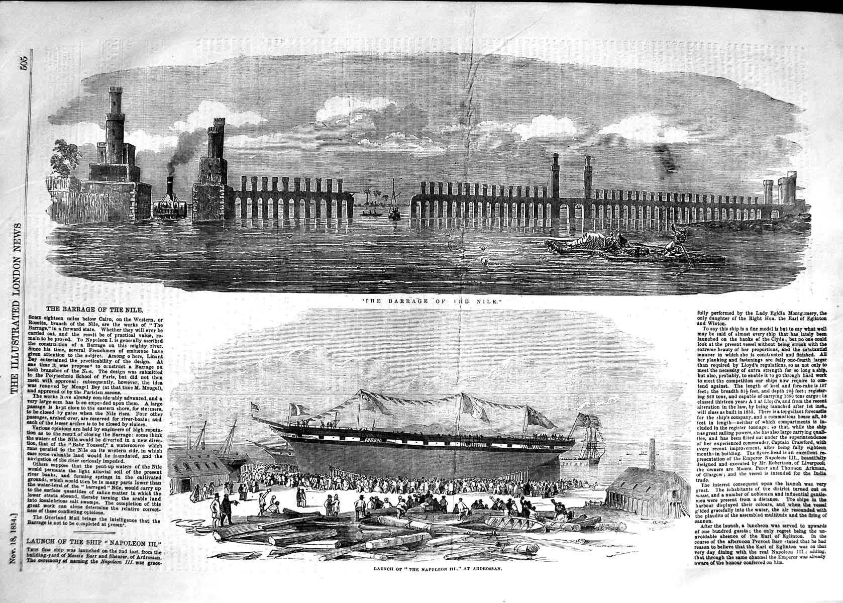 Old Antique Print 1854 Barrage River Nile Launch Ship Napoleon Ardrossan 19th