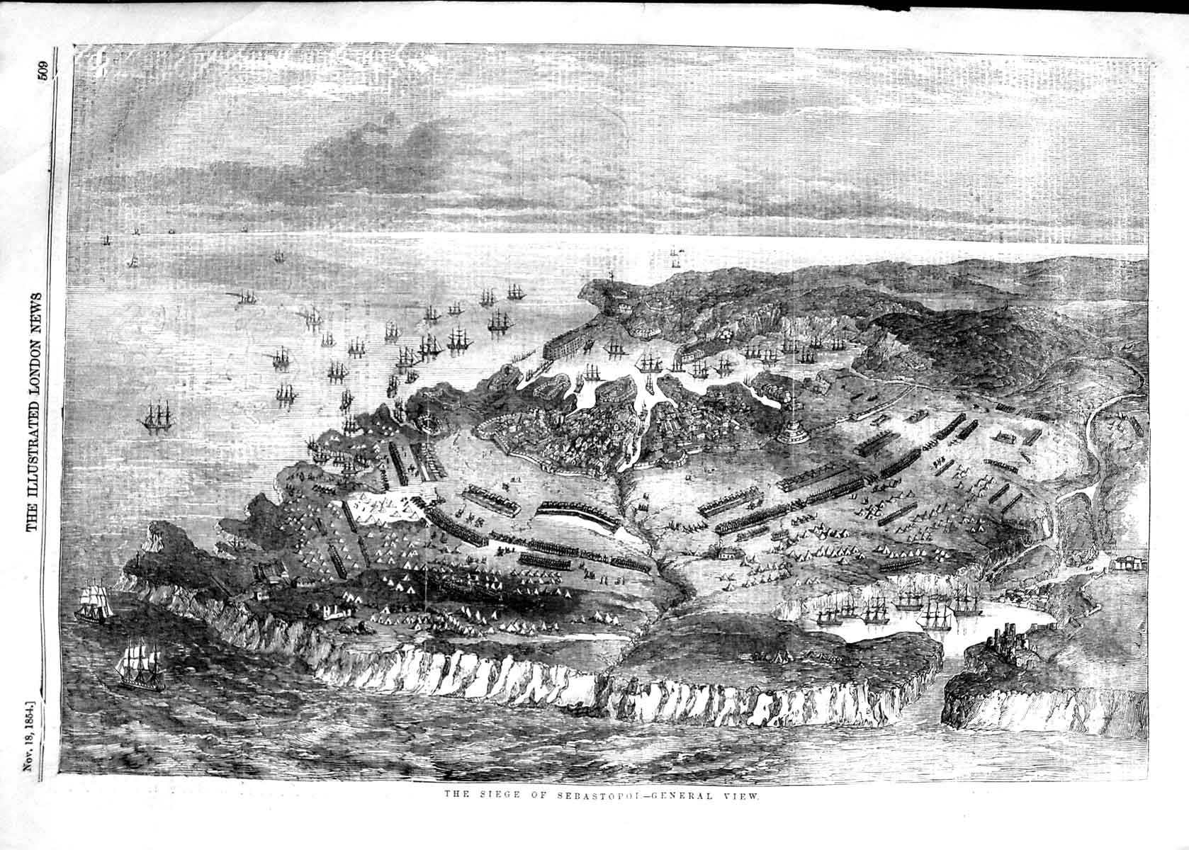 Original Old Antique Print 1854 Bird'S Eye View Siege Sebastopol War Shi 19th