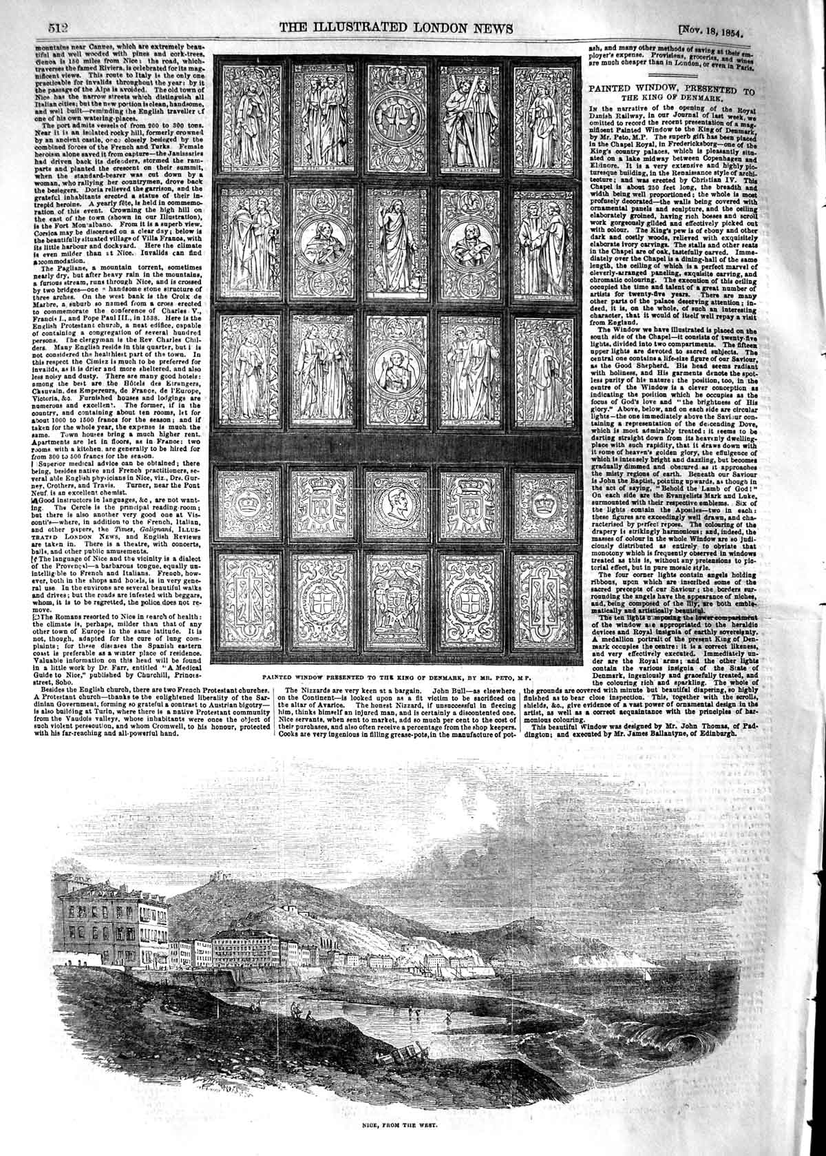 Original Old Antique Print 1854 View Nice France Painted Window King Denmark