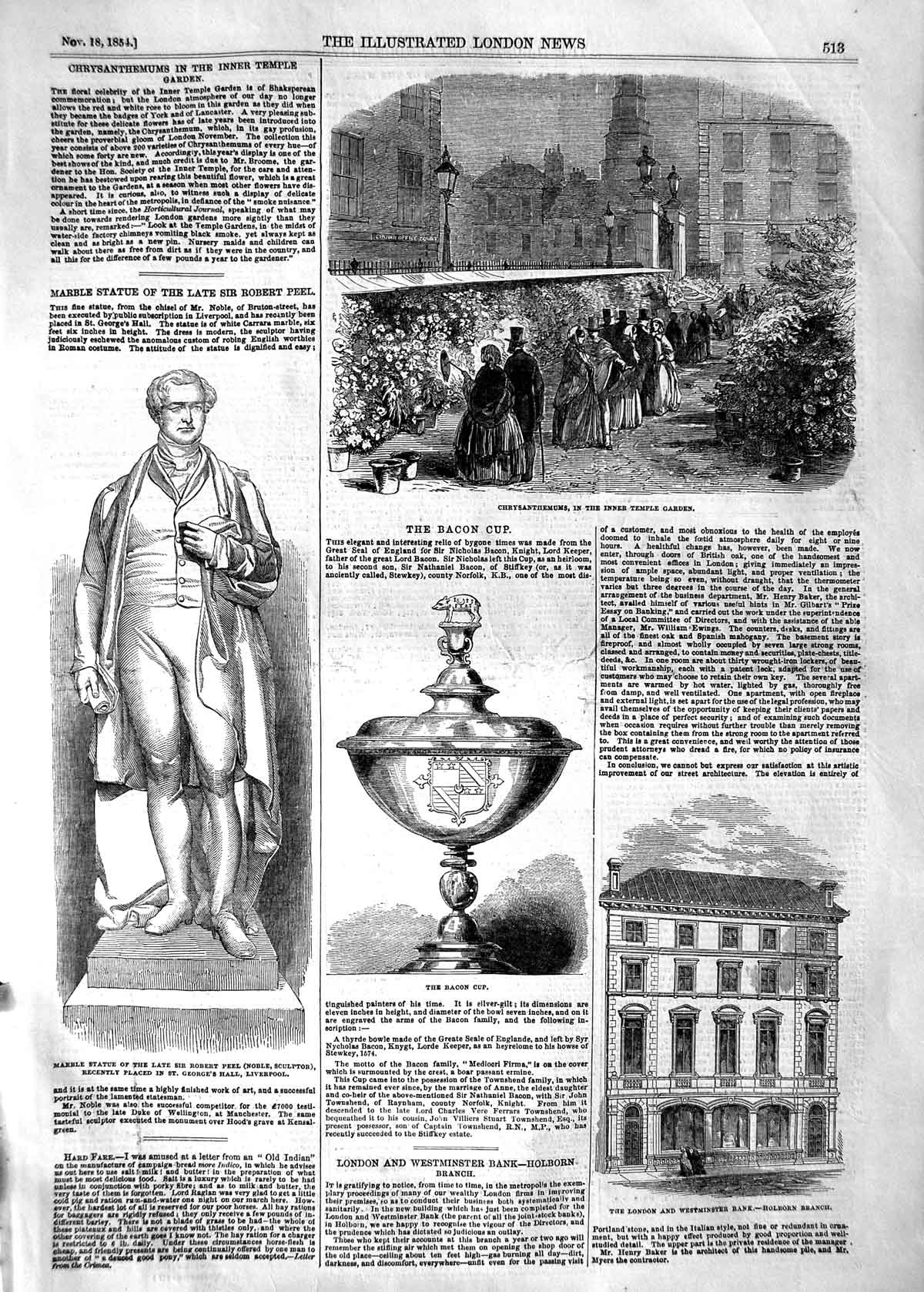 Original Old Antique Print 1854 Statue Robert Peel Bacon Cup Temple Garden Bank
