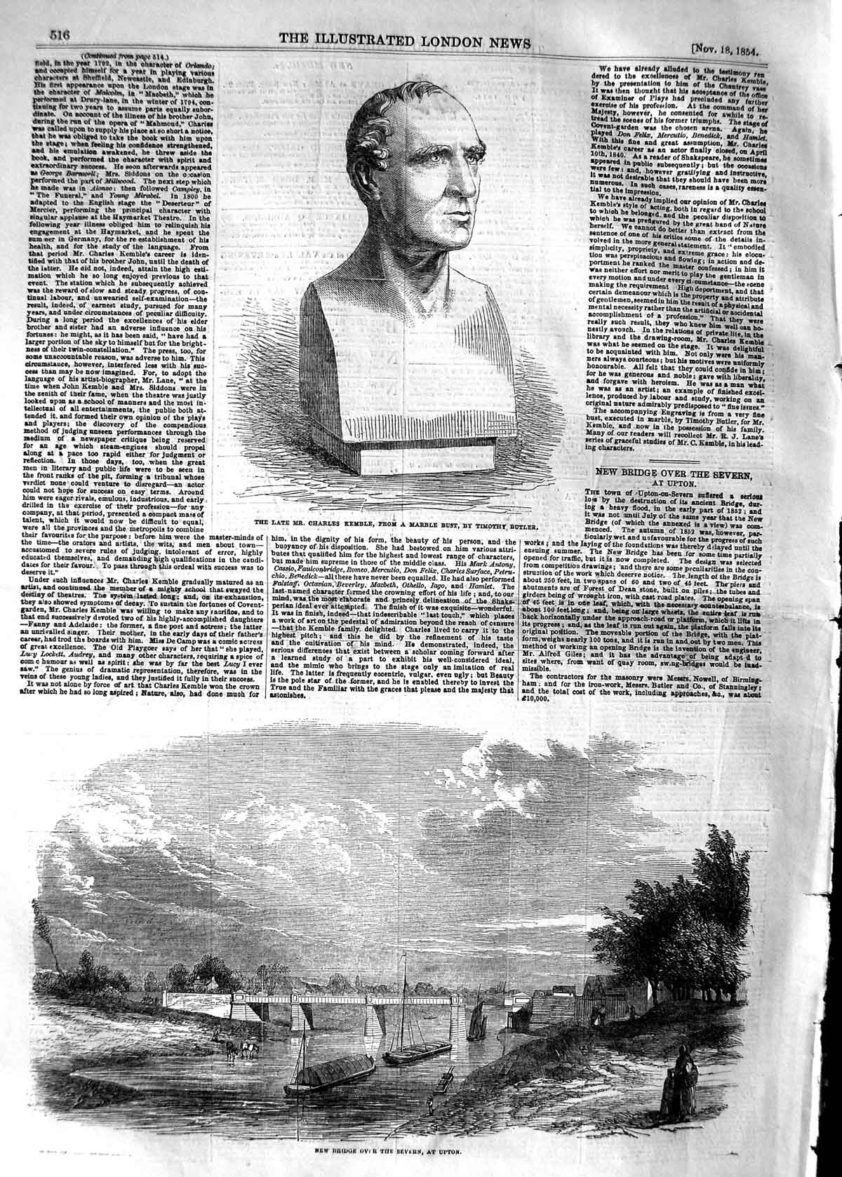 Original Old Antique Print 1854 Charles Kemble Bust Bridge River Sever Victorian