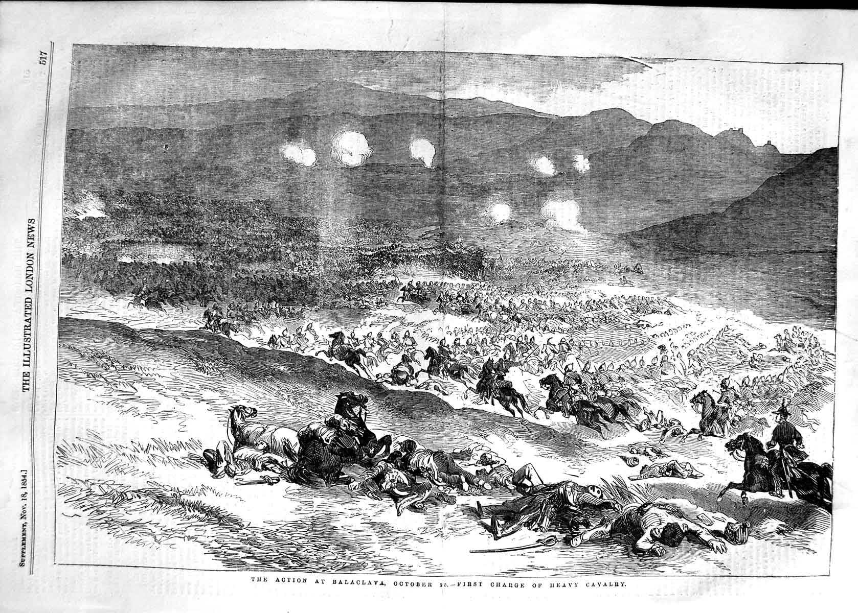 Original Old Antique Print 1854 Action Balaclava Charge Heavy Cavalry Siers War