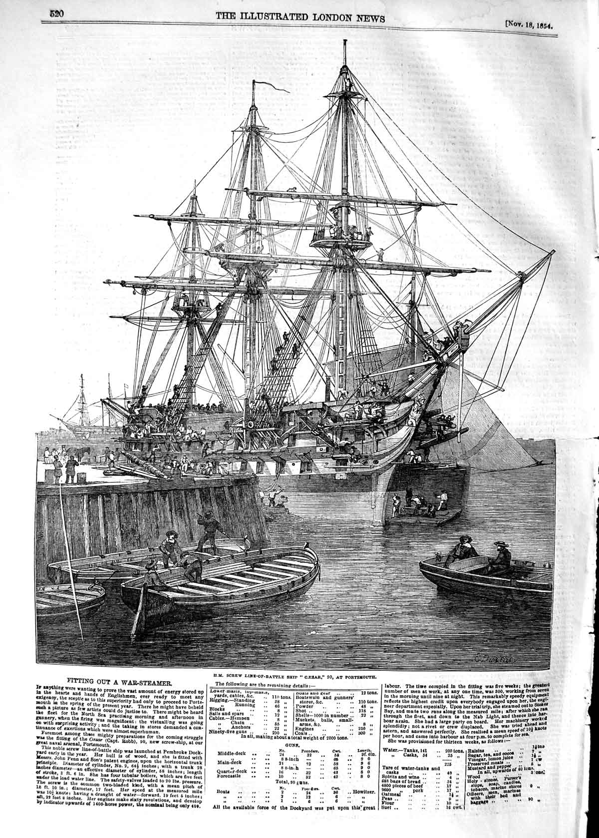 Original Old Antique Print 1854 H.M. Screw Line-Of-Battle Ship Caesar Por 19th