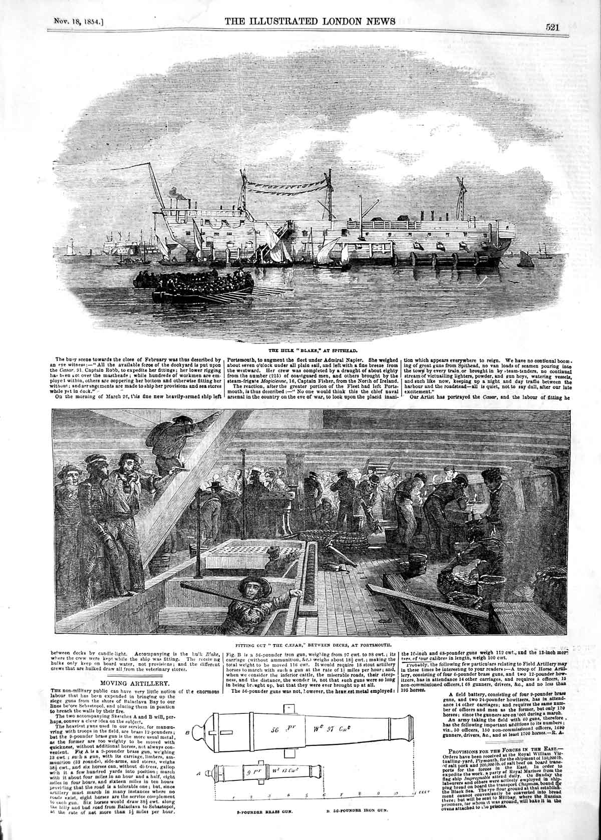 Old Antique Print 1854 Hulk Ship Blake Spithead Caesar Portsmouth Gun War 19th