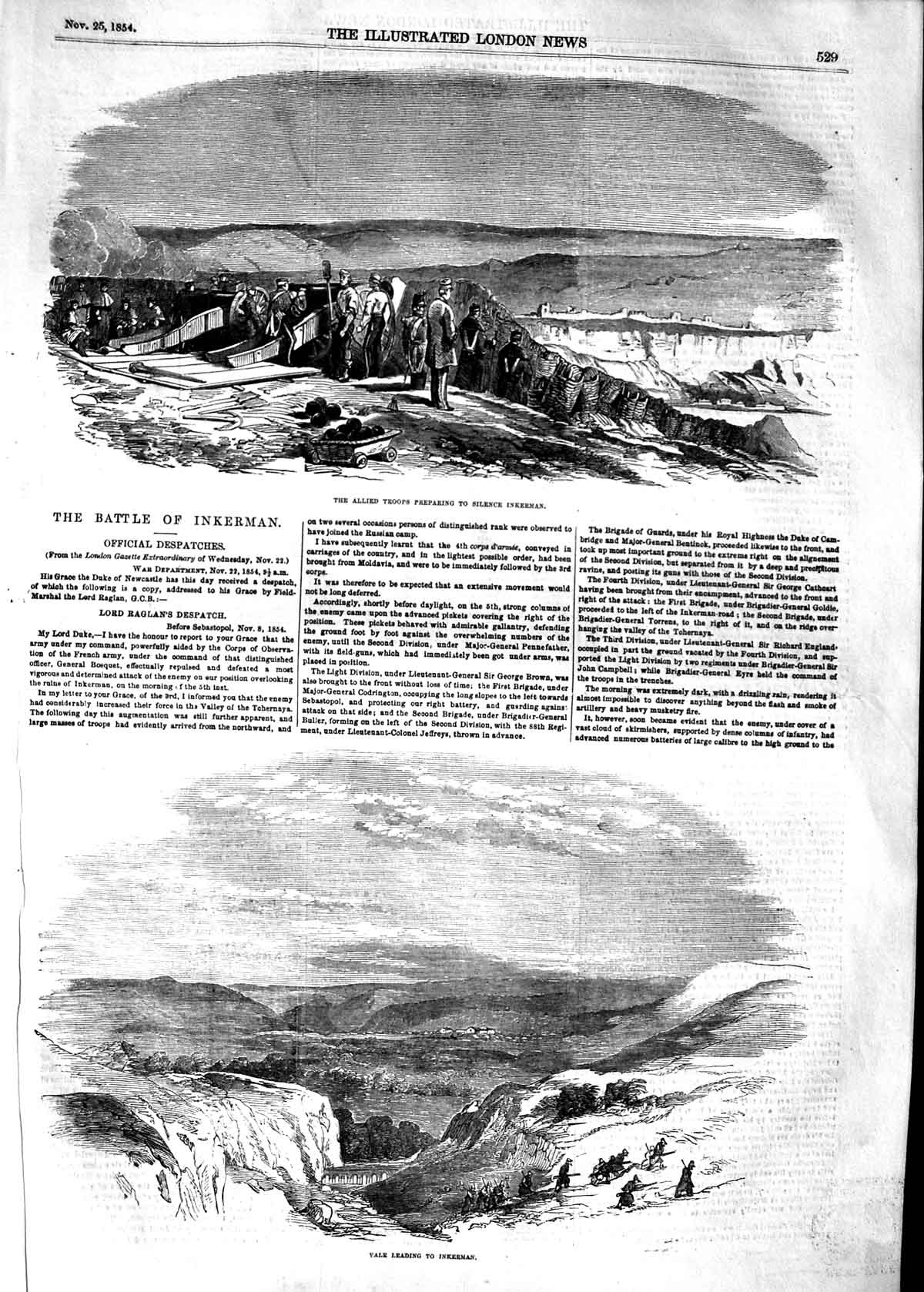 Original Old Antique Print 1854 Allied Troops Battle Inkerman Vale War Siers