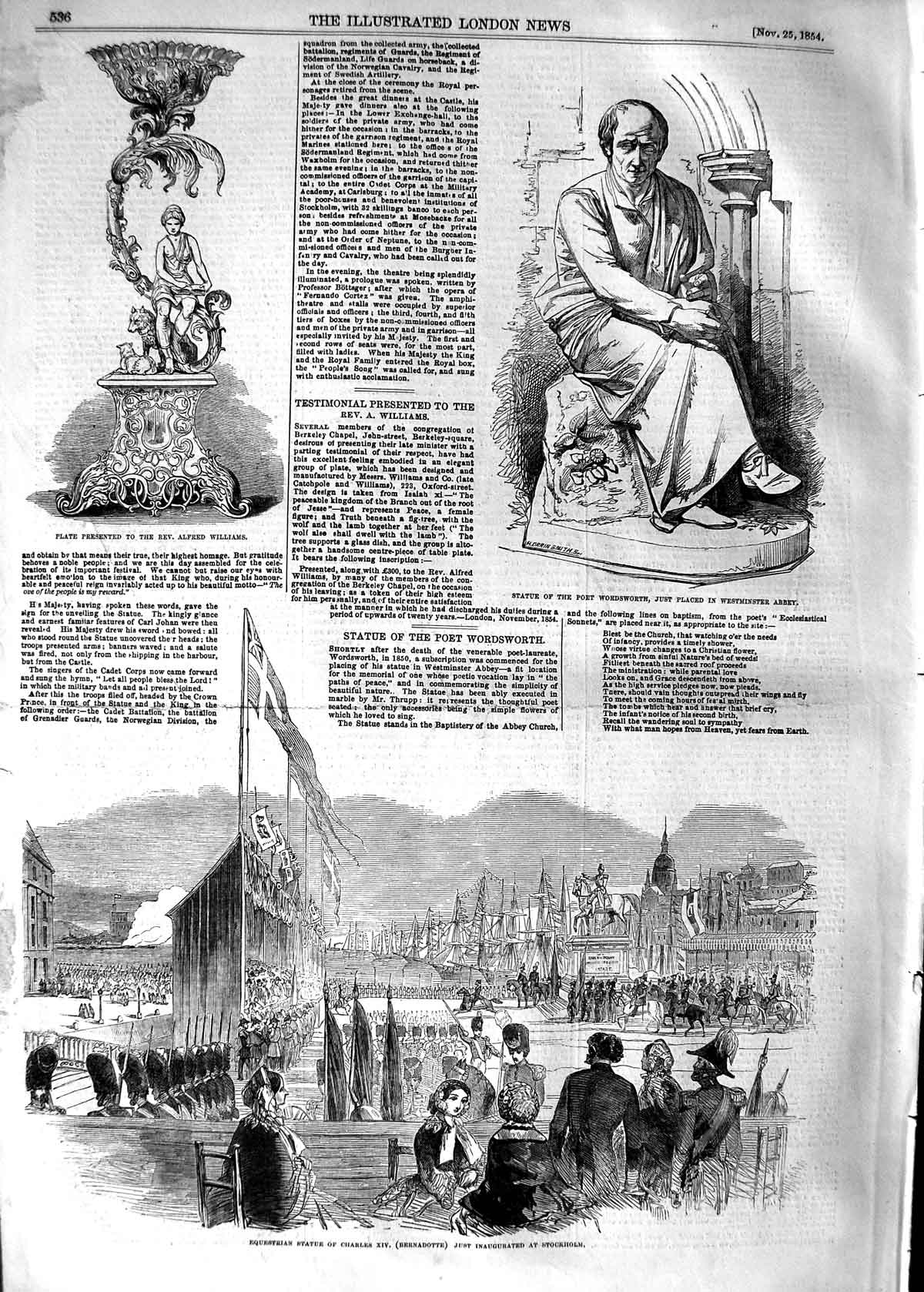 Original Old Antique Print 1854 Plate Alfred Williams Statue Wordsworth Charles