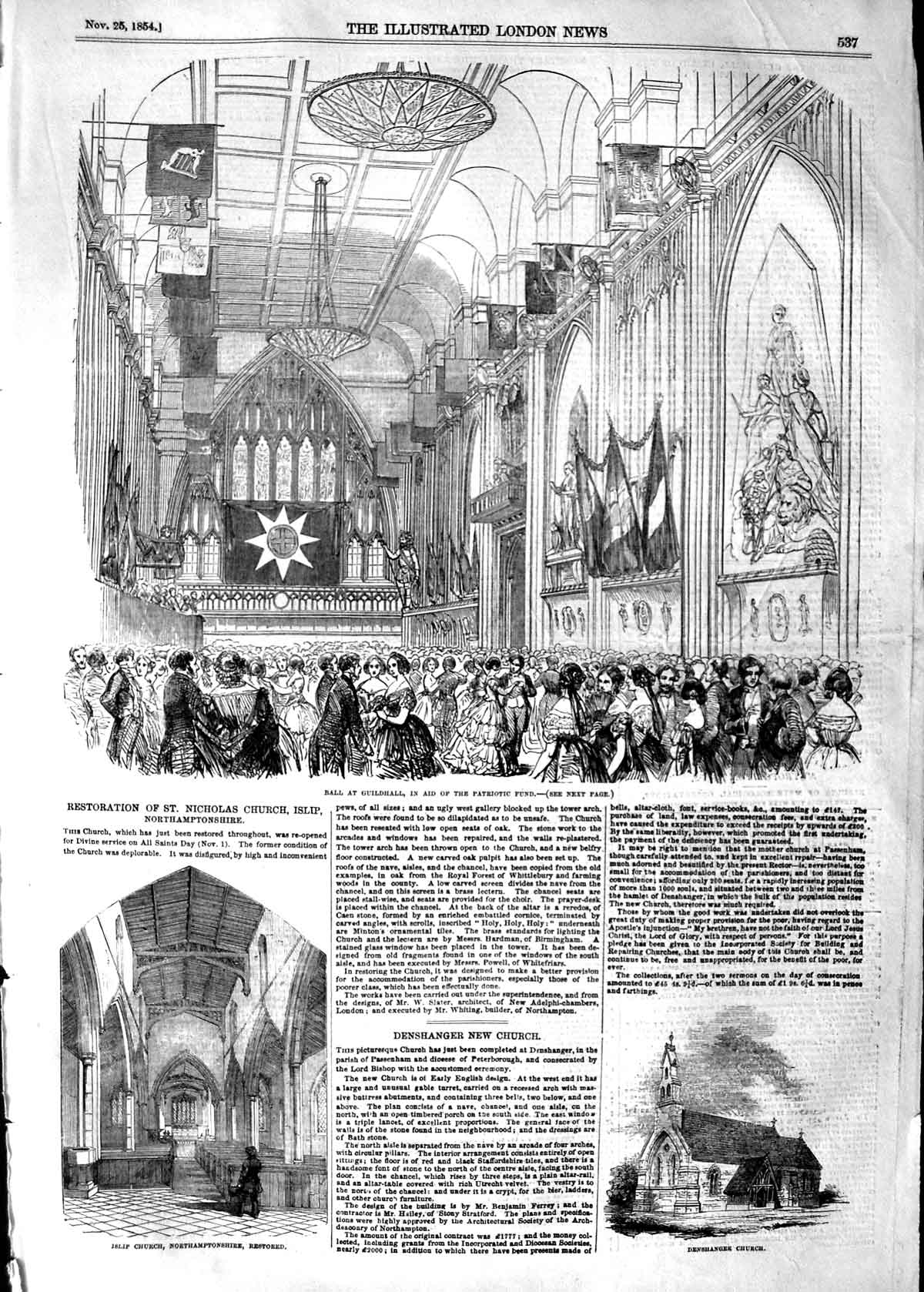 Old Antique Print 1854 Guildhall Patriotic Fund Islip Church Denshanger 19th