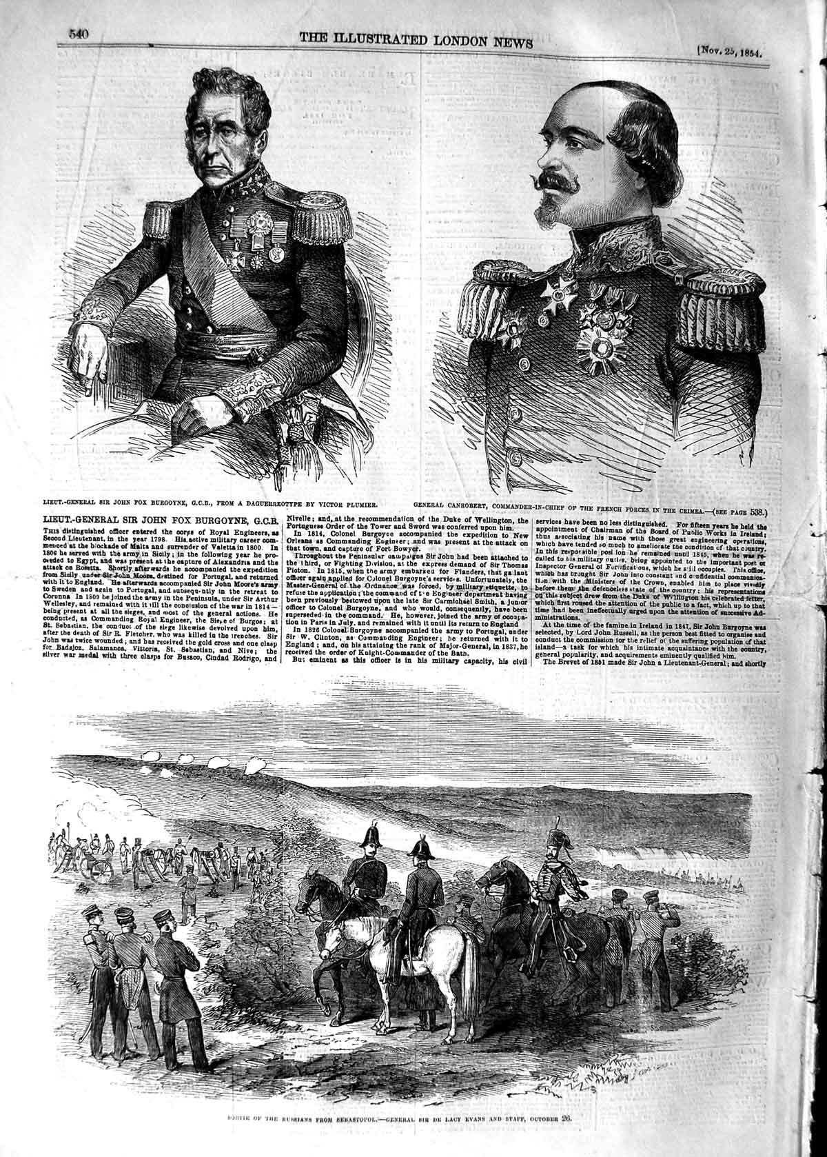 Original Old Antique Print 1854 John Fox Burgoyne Canrobert Russian Sebastopol